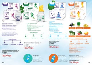 194 195
1 таблетка 2-3 раза в день после еды
ПРАВИЛА ПРИЕМА
Эффект:
как вспомогательное средство при
повышенных психоэмоциональных и
нервных нагрузках и нарушениях сна.
Способ применения:
1 таблетка 2-3 раза в день после еды
Действующие вещества:
• экстракт эхинацеи
• экстракт пустырника
• экстракт травы мелиссы
• экстракт валерианы
АНТИСТРЕСС
40
таблеток
в упаковке
Эффект:
источник витаминов и минералов для
улучшения состояния кожи, волос и ногтей
Способ применения:
1 таблетка 3 раза в день после еды.
Действующие вещества:
• экстракт чорной смородины
• проросшие зерна пшеницы
• витамины А и Е
ВОЛОСЫ. КОЖА. НОГТИ.
Диетическая добавка
«Витаминная для улучшения
состояния кожи, волос и ногтей»
код 2343006
экстракт черной
смородины
экстракт брокколи экстракт шиповника
ОМЕГА 3
ВИТАМИН А Е
1 таблетка 2-3 раза в день после еды
ПРАВИЛА ПРИЕМА
экстракт пророщенных
зерен пшеницы
60
таблеток
в упаковке
Диетическая добавка
«Антистресс»
код 2343001
89,99 грн
110,00 грн 3,60 ББ
74,99 грн
125,00 грн 3,00 ББ
улучшает деятельность ЖКТ, выводит
токсины, нормализует обмен веществ
и способствует снижению веса.
• микрокристаллическая целлюлоза
Если вам хочется достичь желаемой
цели как можно быстрее, постарайтесь
заменить ужин приемом МКЦ. Это отобьет
аппетит на несколько часов и позволит не
чувствовать голода перед сном.
Не забывайте о
питьевом режиме.
На протяжении приема
препарата ежедневно
необходимо выпивать не
менее 2-х литров воды.
Не забывайте о
питьевом режиме.
На протяжении приема
препарата ежедневно
необходимо выпивать не
менее 2-х литров воды.
ДЕЙСТВУЮЩИЕ ВЕЩЕСТВА:
ОЧИЩЕНИЕ ОРГАНИЗМА
Диетическая добавка «Комплекс для
похудения. Очищение организма»
код 2343003
89,99 грн
135,00 грн 3,60 ББ
100
таблеток
в упаковке
3-5- таблеток 2-3 раза в день во время еды
ПРАВИЛА ПРИЕМА
1 таблетка 3 раза в день после еды
ПРАВИЛА ПРИЕМА
нормализует обмен веществ и способствует
снижению веса.
• экстракт ананаса
• карнитин
• микрокристаллическая целлюлоза
ДЕЙСТВУЮЩИЕ ВЕЩЕСТВА:
ЭФФЕКТ:
СЖИГАТЕЛЬ КАЛОРИЙ
Диетическая добавка «Комплекс для
похудения. Сжигатель калорий»
код 2343004
89,99 грн
155,00 грн 3,60 ББ
60
таблеток
в упаковке
 