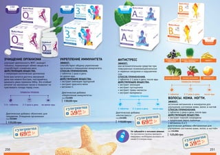 250 251
улучшает деятельность ЖКТ, выводит
токсины, нормализует обмен веществ и
способствует снижению веса.
ДЕЙСТВУЮЩИЕ ВЕЩЕСТВА:
• микрокристаллическая целлюлоза
Если вам хочется достичь желаемой
цели как можно быстрее, постарайтесь
заменить ужин приемом МКЦ. Это отобьет
аппетит на несколько часов и позволит не
чувствовать голода перед сном.
ОЧИЩЕНИЕ ОРГАНИЗМА
Диетическая добавка «Комплекс для
похудения. Очищение организма»
код 2343003
135,00 грн
100
таблеток
в упаковке
3-5- таблеток 2-3 раза в день во время еды
ПРАВИЛА ПРИЕМА
1 таблетка 2-3 раза в день после еды
ПРАВИЛА ПРИЕМА
ЭФФЕКТ:
как вспомогательное средство при
повышенных психоэмоциональных
и нервных нагрузках и нарушениях
сна.
СПОСОБ ПРИМЕНЕНИЯ:
1 таблетка 2-3 раза в день после еды
ДЕЙСТВУЮЩИЕ ВЕЩЕСТВА:
• экстракт эхинацеи
• экстракт пустырника
• экстракт травы мелиссы
• экстракт валерианы
АНТИСТРЕСС
40
таблеток
в упаковке
ЭФФЕКТ:
источник витаминов и минералов для
улучшения состояния кожи, волос и ногтей
СПОСОБ ПРИМЕНЕНИЯ:
1 таблетка 3 раза в день после еды.
ДЕЙСТВУЮЩИЕ ВЕЩЕСТВА:
• экстракт чорной смородины
• проросшие зерна пшеницы
• витамины А и Е
ВОЛОСЫ. КОЖА. НОГТИ.
экстракт черной
смородины ОМЕГА 3
экстракт брокколи экстракт шиповника ВИТАМИН А Е
1 таблетка 2-3 раза в день после еды
ПРАВИЛА ПРИЕМА
экстракт пророщенных
зерен пшеницы
60
таблеток
в упаковке
Диетическая добавка
«Антистресс»
код 2343001
110,00 грн
Не забывайте о питьевом режиме.
На протяжении приема препарата
ежедневно необходимо выпивать не
менее 2-х литров воды.
Диетическая добавка «Витаминная для
улучшения состояния кожи, волос и ногтей»
код 2343006
125,00 грн
60
таблеток
в упаковке
ЭФФЕКТ:
способствуют общему укреплению
организма и повышению иммунитета.
СПОСОБ ПРИМЕНЕНИЯ:
1 таблетка 2 раза в день
во время еды.
ДЕЙСТВУЮЩИЕ ВЕЩЕСТВА:
• экстракт эхинацеи пурпурной
• экстракт красного вина
• витамин С
УКРЕПЛЕНИЕ ИММУНИТЕТА
Диетическая добавка
«Укрепление иммунитета»
код 2343005
130,00 грн
2343005
суперцена
2,8
ББ
6999
грн
суперцена
2,8
ББ
6999
грн
суперцена
2,4
ББ
5999
грн
суперцена
2,4
ББ
5999
грн
 