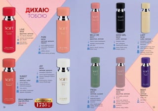 груша, чорна смородина
жасмин, апельсиновий
цвіт, ірис
ваніль, пачулі, праліне,
боби тонка
BELLE VIE
3541317
фруктові, квіткові
лічі,персик,бергамот
жасмин,апельсиновий
цвіт,півонія
мох,мускус,
деревніноти
LOVE
3541322
фруктові, квіткові
мандарин, апельсин,
апельсиновий цвіт,
бергамот
турецька троянда, іланг-
іланг, жасмин, мімоза
ваніль, опопонакс,
ветивер, пачулі, боби
тонка, білий мускус
LADY
3541320
східні, квіткові
лимон, кедр
водяний гіацинт,
рожевий перець,
жасмин
ірис, тикове дерево,
амбра, білий мускус,
пачулі
FRESH
3541319
квіткові, шипрові
ДИХАЮ
ТОБОЮ
кавун, ківі
цикламен
мускус
NIGHT
3541315
квіткові,
акватичні
мандарин, бергамот
листя чорної смородини,
персик, троянда з Грасса,
жасмин
білий мускус, сандал,
пачулі, білий кедр
JOY
3541314
квіткові, мускусні
петітгрейн, зелений
бузок
листя чаю, червона
півонія, квітка персика,
вістерія, китайський
османтус
мускус, кедр, амбра
FANTASY
3541323
фруктові, квіткові
мигдаль, кава
ірис, тубероза,
індийський жасмин
какао, боби тонка,
сандал, ваніль
GOOD GIRL
3541318
східні, квіткові
Будь-яка за:
Жіноча парфумована
вода Soft, 30 мл
370 грн
СУПЕРЦІНА
175
грн
5,8
ББ
квітка африканського
апельсина, бергамот,
османтус
амбра, мускус
пачулі, ваніль, ветивер
PURE
3541316
квіткові, мускусні,
деревні
квітка імбиру,
водяний жасмин,
зелений мандарин
сіль, ваніль
сіра амбра, сандалове
дерево, кашмеран
SUNSET
3541321
квіткові, східні
58 59
 