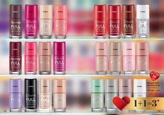 100 101
Лак для нігтів
Full Color, 8 мл
80 грн 1,8 ББ
54 грн
Будь-який за:
*мається на увазі придбання 3-х продуктів за ціною 2-х зі с. 100-101
36грн
27396012739633
2739635
27396362739663
2739665
2739671
2739637
2739646
2739651
2739660 2739661
2739662
2739623 27396282739632
2739602 2739604
2739605
2739608 2739609 2739610
2739612
2739614
1+1=3*
 