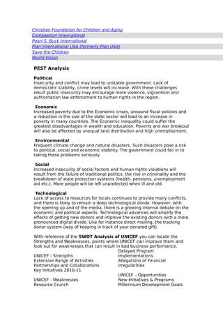 Christian Foundation for Children and Aging
Compassion International
Pearl S. Buck International
Plan International USA (formerly Plan USA)
Save the Children
World Vision

PEST Analysis
Political
Insecurity and conflict may lead to unstable government. Lack of
democratic stability, crime levels will increase. With these challenges
result public insecurity may encourage more violence, vigilantism and
authoritarian law enforcement to human rights in the region.
Economic
Increased poverty due to the Economic crises, unsound fiscal policies and
a reduction in the size of the state sector will lead to an increase in
poverty in many countries. The Economic inequality could suffer the
greatest disadvantages in wealth and education. Poverty and war breakout
will also be affected by unequal land distribution and high unemployment.
Environmental
Frequent climate change and natural disasters. Such disasters pose a risk
to political, social and economic stability. The government could fail in to
taking these problems seriously.
Social
Increased insecurity of social factors and human rights violations will
result from the failure of traditional politics, the rise in criminality and the
breakdown of state protection systems (health, pensions, unemployment
aid etc.). More people will be left unprotected when ill and old.
Technological
Lack of access to resources for locals continues to provide many conflicts,
and there is likely to remain a deep technological divide. However, with
the opening up and of the media, there is a growing internal debate on the
economic and political aspects. Technological advances will amplify the
effects of getting new donors and improve the existing donors with a more
pronounced digital divide. Like for instance direct mailing, the tracking
donor system (way of keeping in track of your donated gift).
With reference of the SWOT Analysis of UNICEF you can locate the
Strengths and Weaknesses, points where UNICEF can improve them and
look out for weaknesses that can result in bad business performance.
Delayed Program
UNICEF - Strengths
Implementations
Extensive Range of Activities
Allegations of Financial
Partnerships and Collaborations
Irregularities
Key Initiatives 2010-11
UNICEF – Opportunities
UNICEF - Weaknesses
New Initiatives & Programs
Resource Crunch
Millennium Development Goals

 