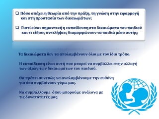 Τα δικαιώματα δεν τα απολαμβάνουν όλοι με τον ίδιο τρόπο. 
Η εκπαίδευση είναι αυτή που μπορεί να συμβάλλει στην αλλαγή 
των αξιών των δικαιωμάτων του παιδιού. 
Θα πρέπει συνεπώς να αναλαμβάνουμε την ευθύνη 
για όσα συμβαίνουν γύρω μας. 
Να συμβάλλουμε όπου μπορούμε ανάλογα με 
τις δυνατότητές μας. 
 