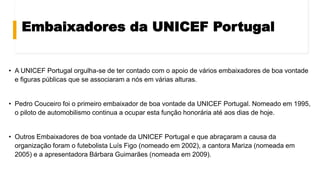 Embaixadores da UNICEF Portugal
• A UNICEF Portugal orgulha-se de ter contado com o apoio de vários embaixadores de boa vontade
e figuras públicas que se associaram a nós em várias alturas.
• Pedro Couceiro foi o primeiro embaixador de boa vontade da UNICEF Portugal. Nomeado em 1995,
o piloto de automobilismo continua a ocupar esta função honorária até aos dias de hoje.
• Outros Embaixadores de boa vontade da UNICEF Portugal e que abraçaram a causa da
organização foram o futebolista Luís Figo (nomeado em 2002), a cantora Mariza (nomeada em
2005) e a apresentadora Bárbara Guimarães (nomeada em 2009).
 