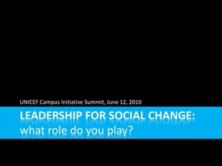 LEADERSHIP FOR SOCIAL CHANGE: what role do you play? UNICEF Campus Initiative Summit, June 12, 2010 