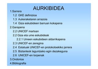 1.Sarrera
                 AURKIBIDEA
  1.2 GKE definizioa
  1.3 Aukeraketaren arrazoia
  1.4 Giza eskubideen barruan kokapena
2.Garapena
  2.2 UNICEF martxan
  2.2 Giza eta ume eskubideak
     2.2.1 Umeen eskubideen aldarrikapena
  2.3 UNICEF-en zeregina
  2.4 Estatuak UNICEF-en protokoloekiko jarrera
  2.5 Biztanleok laguntzeko egin dezakeguna
  2.6 UNICEF-en lorpenak
3.Ondorioa
4.Bibliografia
 