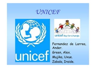 UNICEF



    Fernandez de Larrea,
    Ander.
    Green, Alex.
    Mujika, Uxue.
    Zabala, Iraide.
 