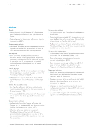 Résultats
Obésité
»	 Le taux d’obésité infantile dépasse 10 % dans tous les
pays à l’exception du Danemark, des Pays-Bas et de la
Suisse.
»	 Seuls le Canada, les États-Unis et la Grèce font état d’un
taux supérieur à 20 %.
Consommation de fruits
»	 La Finlande, la Suède et les trois pays baltes (l’Estonie, la
Lettonie et la Lituanie) sont les seuls pays où moins de
30 % des enfants mangent des fruits tous les jours.
Petit-déjeuner
»	 Dans l’ensemble des 29 pays à l’exception de la
Roumanie et de la Slovénie, plus de 50 % des enfants
prennent un petit-déjeuner tous les matins. Les Pays-Bas
et le Portugal sont les seuls pays où le pourcentage
d’enfants prenant un petit-déjeuner tous les matins
dépasse 80 %.
Activité physique
»	 Les États-Unis et l’Irlande sont les seuls pays dont le taux
d’enfants pratiquant une activité physique au moins une
heure par jour est supérieur à 25 %.2
»	 L’Italie est le seul pays où moins de 10 % des enfants
signalent pratiquer une activité physique une heure par
jour.
Natalité chez les adolescentes
»	 Les Pays-Bas, la Slovénie et la Suisse ont les taux de
natalité chez les adolescentes les plus bas (en dessous de
5 naissances pour 1 000).
»	 À l’inverse, les États-Unis, la Roumanie et le Royaume-Uni
ont les taux les plus élevés (plus de 29 naissances pour
1 000).
Consommation de tabac
»	 Le Canada, les États-Unis, l’Islande, la Norvège et le
Portugal sont les seuls pays où le taux de consommation
de tabac chez les jeunes est inférieur à 5 %.
»	 L’Autriche, la Hongrie, la Lettonie, la Lituanie, la
République tchèque, la Roumanie et la Slovaquie
présentent les taux les plus élevés, avec plus de 10 %
des jeunes indiquant fumer des cigarettes au moins une
fois par semaine.
2 Le critère « une heure par jour » utilisé ici suit les recommandations de l’Organisation mondiale de la Santé.
Consommation d’alcool
»	 Les États-Unis ont le taux d’abus d’alcool chez les jeunes
le plus faible.
»	 Ce taux est inférieur ou égal à 10 % dans seulement huit
pays : les États-Unis, la France, la Grèce, l’Islande, l’Italie,
le Luxembourg, les Pays-Bas et le Portugal.
»	 Au Danemark, en Estonie, Finlande, Lettonie, Lituanie et
République tchèque, plus de 20 % des jeunes ont signalé
avoir été ivres au moins deux fois.
Consommation de cannabis
»	 La Norvège est le seul pays où le taux de consommation
de cannabis chez les jeunes est inférieur à 5 %.
»	 C’est au Canada que le taux de jeunes fumant du
cannabis est le plus élevé (28 %).
»	 Dans six pays, ce pourcentage est d’au moins 20 %. Il
s’agit du Canada, des États-Unis, de la France, de
l’Espagne, de la République tchèque et de la Suisse.
Bagarres et brimades
»	 Avec le plus faible pourcentage de jeunes indiquant avoir
été impliqués dans des bagarres, l’Allemagne occupe
clairement la tête du classement.
»	 Trois pays nordiques (le Danemark, l’Islande et la Suède)
présentent des niveaux bas en ce qui concerne les
brimades et les bagarres.
»	 L’Espagne est le seul pays où la proportion de jeunes
impliqués dans des bagarres dépasse 50 % (talonnée par
la Grèce avec 49 %).
»	 La Lituanie est le seul pays où la proportion de jeunes
signalant avoir fait l’objet de brimades dépasse 50 %.
2 6 B i l a n I n n o c e n t i 1 1
 