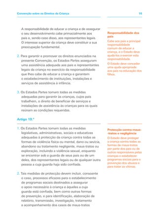 A responsabilidade de educar a criança e de assegurar
o seu desenvolvimento cabe primacialmente aos
pais e, sendo caso disso, aos representantes legais.
O interesse superior da criança deve constituir a sua
preocupação fundamental.
2. Para garantir e promover os direitos enunciados na
presente Convenção, os Estados Partes asseguram
uma assistência adequada aos pais e representantes
legais da criança no exercício da responsabilidade
que lhes cabe de educar a criança e garantem
o estabelecimento de instituições, instalações e
serviços de assistência à infância.
3. Os Estados Partes tomam todas as medidas
adequadas para garantir às crianças, cujos pais
trabalhem, o direito de beneficiar de serviços e
instalações de assistência às crianças para os quais
reúnam as condições requeridas.
Artigo 19.º
1. Os Estados Partes tomam todas as medidas
legislativas, administrativas, sociais e educativas
adequadas à protecção da criança contra todas as
formas de violência física ou mental, dano ou sevícia,
abandono ou tratamento negligente, maus-tratos ou
exploração, incluindo a violência sexual, enquanto
se encontrar sob a guarda de seus pais ou de um
deles, dos representantes legais ou de qualquer outra
pessoa a cuja guarda haja sido confiada.
2. Tais medidas de protecção devem incluir, consoante
o caso, processos eficazes para o estabelecimento
de programas sociais destinados a assegurar
o apoio necessário à criança e àqueles a cuja
guarda está confiada, bem como outras formas
de prevenção, e para identificação, elaboração de
relatório, transmissão, investigação, tratamento
e acompanhamento dos casos de maus-tratos
Protecção contra maus-
-tratos e negligência
O Estado deve proteger
a criança contra todas as
formas de maus-tratos
por parte dos pais ou de
outros responsáveis pelas
crianças e estabelecer
programas sociais para a
prevenção dos abusos e
para tratar as vítimas.
16Convenção sobre os Direitos da Criança
Responsabilidade dos
pais
Cabe aos pais a principal
responsabilidade
comum de educar a
criança, e o Estado deve
ajudá-los a exercer esta
responsabilidade.
O Estado deve conceder
uma ajuda apropriada
aos pais na educação dos
filhos.
 