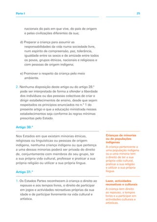 nacionais do país em que vive, do país de origem
e pelas civilizações diferentes da sua;
d) Preparar a criança para assumir as
responsabilidades da vida numa sociedade livre,
num espírito de compreensão, paz, tolerância,
igualdade entre os sexos e de amizade entre todos
os povos, grupos étnicos, nacionais e religiosos e
com pessoas de origem indígena;
e) Promover o respeito da criança pelo meio
ambiente.
2. Nenhuma disposição deste artigo ou do artigo 28.º
pode ser interpretada de forma a ofender a liberdade
dos indivíduos ou das pessoas colectivas de criar e
dirigir estabelecimentos de ensino, desde que sejam
respeitados os princípios enunciados no n.º 1 do
presente artigo e que a educação ministrada nesses
estabelecimentos seja conforme às regras mínimas
prescritas pelo Estado.
Artigo 30.º
Nos Estados em que existam minorias étnicas,
religiosas ou linguísticas ou pessoas de origem
indígena, nenhuma criança indígena ou que pertença
a uma dessas minorias poderá ser privada do direito
de, conjuntamente com membros do seu grupo, ter
a sua própria vida cultural, professar e praticar a sua
própria religião ou utilizar a sua própria língua.
Artigo 31.º
1. Os Estados Partes reconhecem à criança o direito ao
repouso e aos tempos livres, o direito de participar
em jogos e actividades recreativas próprias da sua
idade e de participar livremente na vida cultural e
artística.
Crianças de minorias
ou de populações
indígenas
A criança pertencente a
uma população indígena
ou a uma minoria tem
o direito de ter a sua
própria vida cultural,
praticar a sua religião
e utilizar a sua própria
língua.
Lazer, actividades
recreativas e culturais
A criança tem direito
ao repouso, a tempos
livres e a participar em
actividades culturais e
artísticas.
25Parte I
 