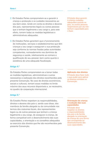 2. Os Estados Partes comprometem-se a garantir à
criança a protecção e os cuidados necessários ao
seu bem-estar, tendo em conta os direitos e deveres
dos pais, representantes legais ou outras pessoas
que a tenham legalmente a seu cargo e, para este
efeito, tomam todas as medidas legislativas e
administrativas adequadas.
3. Os Estados Partes garantem que o funcionamento
de instituições, serviços e estabelecimentos que têm
crianças a seu cargo e asseguram a sua protecção
seja conforme às normas fixadas pelas autoridades
competentes, nomeadamente nos domínios da
segurança e saúde, relativamente ao número e
qualificação do seu pessoal, bem como quanto à
existência de uma adequada fiscalização.
Artigo 4.º
Os Estados Partes comprometem-se a tomar todas
as medidas legislativas, administrativas e outras
necessárias à realização dos direitos reconhecidos pela
presente Convenção. No caso de direitos económicos,
sociais e culturais, tomam essas medidas no limite
máximo dos seus recursos disponíveis e, se necessário,
no quadro da cooperação internacional.
Artigo 5.º
Os Estados Partes respeitam as responsabilidades,
direitos e deveres dos pais e, sendo caso disso, dos
membros da família alargada ou da comunidade nos
termos dos costumes locais, dos representantes
legais ou de outras pessoas que tenham a criança
legalmente a seu cargo, de assegurar à criança, de
forma compatível com o desenvolvimento das suas
capacidades, a orientação e os conselhos adequados
ao exercício dos direitos que lhe são reconhecidos pela
presente Convenção.
Aplicação dos direitos
O Estado deve fazer tudo
o que puder para aplicar
os direitos contidos na
Convenção.
Orientação da criança
e evolução das suas
capacidades
O Estado deve
respeitar os direitos
e responsabilidades
dos pais e da família
alargada na orientação
da criança de uma forma
que corresponda ao
desenvolvimento das
suas capacidades.
9Parte I
O Estado deve garantir
à criança cuidados
adequados quando os
pais, ou outras pessoas
responsáveis por ela não
tenham capacidade para
o fazer.
 