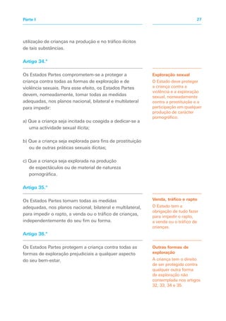 utilização de crianças na produção e no tráfico ilícitos
de tais substâncias.
Artigo 34.º
Os Estados Partes comprometem-se a proteger a
criança contra todas as formas de exploração e de
violência sexuais. Para esse efeito, os Estados Partes
devem, nomeadamente, tomar todas as medidas
adequadas, nos planos nacional, bilateral e multilateral
para impedir:
a) Que a criança seja incitada ou coagida a dedicar-se a
uma actividade sexual ilícita;
b) Que a criança seja explorada para fins de prostituição
ou de outras práticas sexuais ilícitas;
c) Que a criança seja explorada na produção
de espectáculos ou de material de natureza
pornográfica.
Artigo 35.º
Os Estados Partes tomam todas as medidas
adequadas, nos planos nacional, bilateral e multilateral,
para impedir o rapto, a venda ou o tráfico de crianças,
independentemente do seu fim ou forma.
Artigo 36.º
Os Estados Partes protegem a criança contra todas as
formas de exploração prejudiciais a qualquer aspecto
do seu bem-estar.
Exploração sexual
O Estado deve proteger
a criança contra a
violência e a exploração
sexual, nomeadamente
contra a prostituição e a
participação em qualquer
produção de carácter
pornográfico.
Outras formas de
exploração
A criança tem o direito
de ser protegida contra
qualquer outra forma
de exploração não
contemplada nos artigos
32, 33, 34 e 35.
Venda, tráfico e rapto
O Estado tem a
obrigação de tudo fazer
para impedir o rapto,
a venda ou o tráfico de
crianças.
27
Parte I
 