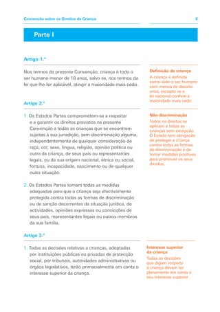Definição de criança
A criança é definida
como todo o ser humano
com menos de dezoito
anos, excepto se a
lei nacional confere a
maioridade mais cedo.
Não discriminação
Todos os direitos se
aplicam a todas as
crianças sem excepção.
O Estado tem obrigação
de proteger a criança
contra todas as formas
de discriminação e de
tomar medidas positivas
para promover os seus
direitos.
Artigo 1.º
Nos termos da presente Convenção, criança é todo o
ser humano menor de 18 anos, salvo se, nos termos da
lei que lhe for aplicável, atingir a maioridade mais cedo.
Artigo 2.º
1. Os Estados Partes comprometem-se a respeitar
e a garantir os direitos previstos na presente
Convenção a todas as crianças que se encontrem
sujeitas à sua jurisdição, sem discriminação alguma,
independentemente de qualquer consideração de
raça, cor, sexo, língua, religião, opinião política ou
outra da criança, de seus pais ou representantes
legais, ou da sua origem nacional, étnica ou social,
fortuna, incapacidade, nascimento ou de qualquer
outra situação.
2. Os Estados Partes tomam todas as medidas
adequadas para que a criança seja efectivamente
protegida contra todas as formas de discriminação
ou de sanção decorrentes da situação jurídica, de
actividades, opiniões expressas ou convicções de
seus pais, representantes legais ou outros membros
da sua família.
Artigo 3.º
1. Todas as decisões relativas a crianças, adoptadas
por instituições públicas ou privadas de protecção
social, por tribunais, autoridades administrativas ou
órgãos legislativos, terão primacialmente em conta o
interesse superior da criança.
Interesse superior
da criança
Todas as decisões
que digam respeito
à criança devem ter
plenamente em conta o
seu interesse superior.
Parte I
8
Convenção sobre os Direitos da Criança
 