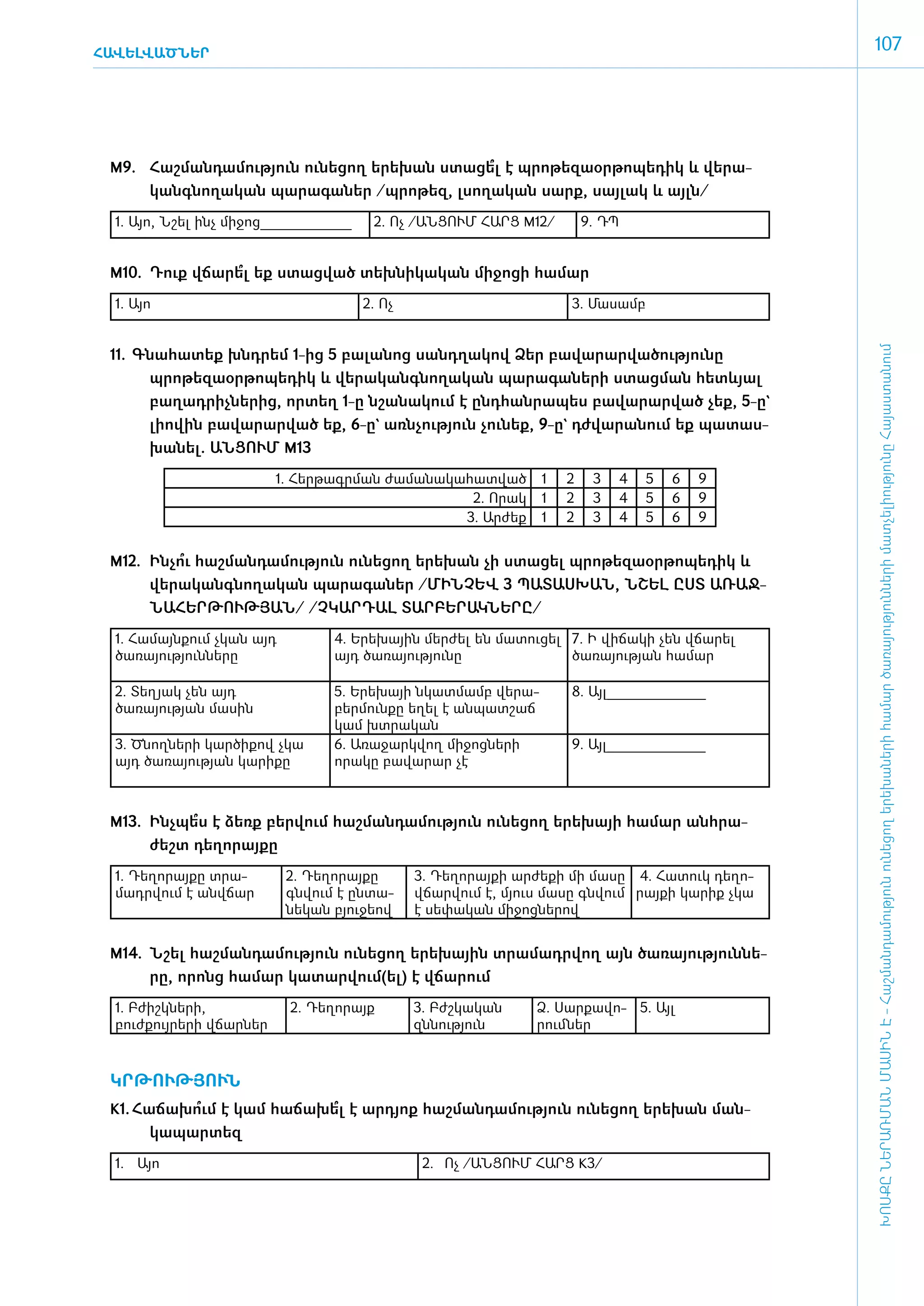ՀԱՎԵԼՎԱԾՆԵՐ
                                                                                                        107




 M9.	 Հաշ­ման­դա­մու­թյուն ունե­ցող ե­րե­խան ստա­ցե է պրո­թե­զաօր­թո­պե­դիկ և վե­րա­
                                                   ՞լ
      կանգ­նո­ղա­կան պա­րա­գա­ներ /պ­րո­թեզ, լսո­ղա­կան սարք, սայ­լակ և այլն/
  1. Այո, Նշել ի­ չ մի­ ոց_____________
                ն     ջ                    2. Ոչ /ԱՆ­ ՈՒՄ ՀԱՐՑ M12/
                                                    Ց                        9. ԴՊ


 M10.	 Դուք վճա­րե եք ստաց­ված տեխ­նի­կա­կան մի­ջո­ցի հա­մար
                  ՞լ
  1. Այո                                  2. Ոչ                          3. Մա­սամբ




                                                                                                        ԽՈՍՔԸ ՆԵՐԱՌՄԱՆ ՄԱՍԻՆ Է - ­Հաշ­ման­դա­մություն ու­նե­ցող ե­րե­խա­նե­րի հա­մար ծա­ռայություն­նե­րի մատ­չե­լի­ությու­նը Հայաս­տա­նում
 11.	 Գնա­հա­տեք խնդ­րեմ 1-ից 5 բա­լա­նոց սանդ­ղա­կով Ձեր բա­վա­րար­վա­ծու­թյու­նը
       պրո­թե­զաօր­թո­պե­դիկ և վե­րա­կանգ­նո­ղա­կան պա­րա­գա­նե­րի ստաց­ման հետևյալ
       բա­ղադ­րիչ­նե­րից, որ­տեղ 1-ը նշա­նա­կում է ը­նդ­հան­րա­պես բա­վա­րար­ված չեք, 5-ը`
       լի­ո­վին բա­վա­րար­ված եք, 6-ը` ա­ռն­չու­թյուն չու­նեք, 9-ը` դժ­վա­րա­նում եք պա­տաս­
       խա­նել. ԱՆ­ՑՈՒՄ M13
                           1. Հեր­թագր­ման ժա­մա­նա­կա­հատ­ված       1   2    3      4   5   6   9
                                                        2. Ո­րակ     1   2    3      4   5   6   9
                                                       3. Ար­ժեք     1   2    3      4   5   6   9


 M12.	 Ինչո հաշ­ման­դա­մու­թյուն ունե­ցող ե­րե­խան չի ստա­ցել պրո­թե­զաօր­թո­պե­դիկ և
           ՞ւ
       վե­րա­կանգ­նո­ղա­կան պա­րա­գա­ներ /­ՄԻՆ­ՉԵՎ 3 ՊԱ­ՏԱՍ­ԽԱՆ, ՆՇԵԼ Ը­ՍՏ Ա­ՌԱՋ­
       ՆԱ­ՀԵՐ­ԹՈՒԹՅԱՆ/ /Չ­ԿԱՐ­ԴԱԼ ՏԱՐ­ԲԵ­ՐԱԿ­ՆԵ­ՐԸ/
  1. Հա­ այն­ ում չկան այդ
       մ    ք                       4. Ե­րե­խային մեր­ժել են մա­տու­ցել 7. Ի վի­ ա­ ի չեն վճա­ ել
                                                                               ճ կ            ր
  ծառա­յու­թյուն­նե­րը              այդ ծա­ռա­յու­թյու­նը               ծա­ռա­յու­թյան հա­մար

  2. Տե­ յակ չեն այդ
       ղ                            5. Ե­րե­խայի նկատ­մամբ վե­րա­        8. Այլ______________
  ծառայության մա­սին                բեր­մուն­քը ե­ղել է ան­պատ­շաճ
                                    կամ խտ­րա­կան
  3. Ծնող­նե­րի կար­ծի­քով չկա      6. Ա­ռա­ջարկ­վող մի­ջոց­նե­րի        9. Այլ______________
  այդ ծա­ռա­յու­թյան կա­րի­քը       ո­րակը բա­վա­րար չէ



 M13.	 Ի­նչ­պե է ձեռք բեր­վում հաշ­ման­դա­մու­թյուն ունե­ցող ե­րե­խայի հա­մար ան­հրա­
              ՞ս
       ժեշտ դե­ղո­րայ­քը
  1. Դե­ղո­րայ­քը տրա­       2. Դե­ղո­րայ­քը      3. Դե­ղո­րայ­քի ար­ժե­քի մի մա­սը 4. Հա­ ուկ դե­ ո­
                                                                                         տ       ղ
  մադր­վում է ան­վճար        գն­վում է ըն­տա­     վճար­ ում է, մյուս մա­ ը գն­ ում րայ­քի կա­րիք չկա
                                                        վ                ս     վ
                             նե­կան բյու­ջե­ով    է սե­փա­կան մի­ջոց­նե­րով


 M14.	 Նշել հաշ­ման­դա­մու­թյուն ունե­ցող ե­րե­խային տրա­մադր­վող այն ծա­ռա­յու­թյուն­նե­
       րը, ո­րոնց հա­մար կա­տար­վում(ել) է վճա­րում
  1. Բժիշկ­նե­րի,            2. Դե­ղո­րայք        3. Բժշ­կա­կան     Ձ. Սար­քա­վո­ 5. Այլ
  բուժքույրե­րի վճար­ներ                          զն­նու­թյուն      րում ­ներ



 ԿՐ­ԹՈՒԹՅՈՒՆ
 K1.	 Հա­ճա­խո է կամ հա­ճա­խե է ա­րդյոք հաշ­ման­դա­մու­թյուն ունե­ցող ե­րե­խան ման­
              ՞ւմ            ՞լ
        կա­պար­տեզ
  1.	Այո                                           2.	 Ոչ /ԱՆ­ ՈՒՄ ՀԱՐՑ K3/
                                                             Ց
 