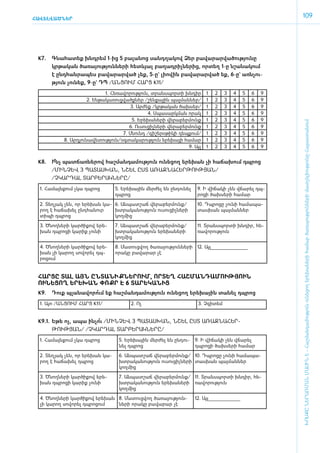 ՀԱՎԵԼՎԱԾՆԵՐ
                                                                                                                109




 K7.	   Գնա­հա­տեք խնդ­րեմ 1-ից 5 բա­լա­նոց սանդ­ղա­կով Ձեր բա­վա­րար­վա­ծու­թյու­նը
        կրթա­կան ծա­ռա­յու­թյուն­նե­րի հետևյալ բա­ղադ­րիչ­նե­րից, որ­տեղ 1-ը նշա­նա­կում
        է ը­նդ­հան­րա­պես բա­վա­րար­ված չեք, 5-ը` լի­ո­վին բա­վա­րար­ված եք, 6-ը` ա­ռն­չու­
        թյուն չու­ եք, 9-ը` ԴՊ /ԱՆ­ ՈՒՄ ՀԱՐՑ K11/
                 ն                Ց
                                1. Հե­ռա­վո­րու­թյուն, տրանս­պոր­տի խն­դիր         1   2    3   4   5   6   9
                        2. Են­թա­կա­ռուց­վածք­ներ /­շեն­քային պայ­ման­ներ/         1   2    3   4   5   6   9
                                             3. Ար­ժեք /կր­թա­կան ծախ­սեր/         1   2    3   4   5   6   9
                                                      4. Սպա­սարկ­ման ո­րակ        1   2    3   4   5   6   9
                                              5. Ե­րե­խա­նե­րի վե­րա­բեր­մունք     1   2    3   4   5   6   9




                                                                                                                ԽՈՍՔԸ ՆԵՐԱՌՄԱՆ ՄԱՍԻՆ Է - ­Հաշ­ման­դա­մություն ու­նե­ցող ե­րե­խա­նե­րի հա­մար ծա­ռայություն­նե­րի մատ­չե­լի­ությու­նը Հայաս­տա­նում
                                            6. Ու­սու­ցիչ­նե­րի վե­րա­բեր­մունք    1   2    3   4   5   6   9
                                         7. Սնունդ /­գի­շե­րօ­թի­կի դեպ­քում/      1   2    3   4   5   6   9
            8. Ար­դյու­նա­վե­տու­թյուն/օգ­տա­կա­րու­թյուն ե­րեխայի հա­մար          1   2    3   4   5   6   9
                                                                          9. Այլ   1   2    3   4   5   6   9


 K8.	   Ի պատ­ճառ­նե­րով հաշ­ման­դա­մու­թյուն ունե­ցող ե­րե­խան չի հա­ճա­խում դպ­րոց
         ՞նչ
        /­ՄԻՆ­ՉԵՎ 3 ՊԱ­ՏԱՍ­ԽԱՆ, ՆՇԵԼ Ը­ՍՏ Ա­ՌԱՋ­ՆԱ­ՀԵՐ­ԹՈՒԹՅԱՆ/
        /Չ­ԿԱՐ­ԴԱԼ ՏԱՐ­ԲԵ­ՐԱԿ­ՆԵ­ՐԸ/
  1. Հա­մայն­քում չկա դպ­րոց         5. Ե­րե­խային մեր­ժել են ըն­դու­նել      9. Ի վի­ ա­ ի չեն վճա­ ել դպ­
                                                                                     ճ կ           ր
                                     դպ­րոց                                   րո­ցի ծախ­սե­րի հա­մար

  2. Տե­ յակ չեն, որ ե­ ե­ ան կա­ 6. Ան­պատ­շաճ վե­րա­բեր­մունք/
       ղ              ր խ                                                     10. Դպ­րո­ցը չու­նի հա­մա­պա­
  րող է հա­ճա­խել ը­նդհա­նուր     խտ­րա­կա­նու­թյուն ուսու­ցիչ­նե­րի          տաս­խան պայ­ման­ներ
  տի­պի դպ­րոց                    կող­մից

  3. Ծնող­նե­րի կար­ծի­քով ե­րե­     7. Ան­պատ­շաճ վե­րա­բեր­մունք/           11. Տրանս­պոր­տի խն­դիր, հե­
  խան դպ­րո­ցի կա­րիք չու­նի         խտ­րա­կա­նու­թյուն ե­րե­խա­նե­րի         ռա­վո­րու­թյուն
                                     կող­մից

  4. Ծնող­նե­րի կար­ծի­քով ե­րե­     8. Մա­տուց­վող ծա­ռա­յու­թյուն­նե­րի 12. Այլ_______________
  խան չի կա­ ող սո­ ո­ ել դպ­
             ր      վ ր              ո­րա­կը բա­վա­րար չէ
  րո­ցում


 ­ՀԱՐ­ՑԸ ՏԱԼ ԱՅՆ ԸՆ­ՏԱ­ՆԻՔ­ՆԵ­ՐՈՒՄ, ՈՐ­ՏԵՂ ՀԱՇ­ՄԱՆ­ԴԱՄՈՒԹՅՈՒՆ
  ՈՒՆԵՑՈՂ Ե­ Ե­ ԱՆ ՓՈՔՐ Է 6 ՏԱ­ Ե­ ԱՆՒՑ
            Ր Խ                 Ր Կ
 K9.	   Դուք պլա­նա­վո­րո եք հաշ­ման­դա­մու­թյուն ունե­ցող ե­րե­խային տա­նել դպ­րոց
                         ՞ւմ
  1. Այո /ԱՆ­ ՈՒՄ ՀԱՐՑ K11/
            Ց                                2. Ոչ                            3. Չ­գի­տեմ


 K9.1.	 Ե­թե ոչ, ա­պա ին­չո /­ՄԻՆ­ՉԵՎ 3 ՊԱ­ՏԱՍ­ԽԱՆ, ՆՇԵԼ Ը­ՍՏ Ա­ՌԱՋ­ՆԱ­ՀԵՐ­
                           ՞ւ
        ԹՈՒԹՅԱՆ/ /Չ­ԿԱՐ­ԴԱԼ ՏԱՐ­ԲԵ­ՐԱԿ­ՆԵ­ՐԸ/
  1. Հա­մայն­քում չկա դպ­րոց           5. Ե­րե­խային մեր­ժել են ըն­դու­     9. Ի վի­ ա­ ի չեն վճա­ ել
                                                                                   ճ կ           ր
                                       նել դպ­րոց                           դպրո­ցի ծախ­սե­րի հա­մար

  2. Տե­ յակ չեն, որ ե­ ե­ ան կա­
       ղ              ր խ              6. Ան­պատ­շաճ վե­րա­բեր­մունք/ 10. Դպ­րո­ցը չու­նի հա­մա­պա­
  րող է հա­ճա­խել դպ­րոց               խտ­րա­կա­նու­թյուն ուսու­ցիչ­նե­րի տաս­խան պայ­ման­ներ
                                       կող­մից

  3. Ծնող­նե­րի կար­ծի­քով ե­րե­       7. Ան­պատ­շաճ վե­րա­բեր­մունք/ 11. Տրանս­պոր­տի խն­դիր, հե­
  խան դպ­րո­ցի կա­րիք չու­նի           խտ­րա­կա­նու­թյուն ե­րե­խա­նե­րի ռա­վո­րու­թյուն
                                       կող­մից

  4. Ծնող­նե­րի կար­ծի­քով ե­րե­խան 8. Մա­տուց­վող ծա­ռա­յու­թյուն­         12. Այլ_____________
  չի կա­րող սո­վո­րել դպ­րո­ցում    նե­րի ո­րա­կը բա­վա­րար չէ
 