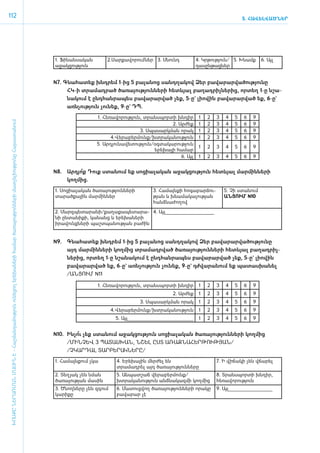 112                                                                                                                                                                                                                           5. ՀԱՎԵԼՎԱԾՆԵՐ




                                                                                                                                     1. Ֆի­նան­սա­կան        2.Սար­քա­վո­րում ­ներ 3. Սնունդ            4. Կր­թու­թյուն/­ 5. Խնամք     6. Այլ
                                                                                                                                     ա­ջակ­ցու­թյուն                                                    դա­սըն­թաց­ներ


                                                                                                                                     N7. Գնա­հա­տեք խնդ­րեմ 1-ից 5 բա­լա­նոց սանդ­ղա­կով Ձեր բա­վա­րար­վա­ծու­թյու­նը
                                                                                                                                          ՀԿ-ի տրա­մադ­րած ծա­ռա­յու­թյուն­նե­րի հետևյալ բա­ղադ­րիչ­նե­րից, որ­տեղ 1-ը նշա­
                                                                                                                                          նա­կում է ը­նդ­հան­րա­պես բա­վա­րար­ված չեք, 5-ը` լի­ո­վին բա­վա­րար­ված եք, 6-ը`
                                                                                                                                          ա­ռն­չու­թյուն չու­նեք, 9-ը` ԴՊ.
                                                                                                                                                        1. Հե­ռա­վո­րու­թյուն, տրանս­պոր­տի խն­դիր       1   2    3   4   5   6   9
ԽՈՍՔԸ ՆԵՐԱՌՄԱՆ ՄԱՍԻՆ Է - ­Հաշ­ման­դա­մություն ու­նե­ցող ե­րե­խա­նե­րի հա­մար ծա­ռայություն­նե­րի մատ­չե­լի­ությու­նը Հայաս­տա­նում




                                                                                                                                                                                           2. Ար­ժեք     1   2    3   4   5   6   9
                                                                                                                                                                             3. Սպա­սարկ­ման ո­րակ       1   2    3   4   5   6   9
                                                                                                                                                               4.Վե­րա­բեր­մունք/խտ­րա­կա­նու­թյուն      1   2    3   4   5   6   9
                                                                                                                                                        5. Ար­դյու­նա­վե­տու­թյուն/օգ­տա­կա­րու­թյուն
                                                                                                                                                                                                         1   2    3   4   5   6   9
                                                                                                                                                                                   ե­րեխայի հա­մար
                                                                                                                                                                                               6. Այլ    1   2    3   4   5   6   9


                                                                                                                                     N8.	   Ա­րդյո Դուք ստա­նում եք սո­ցիա­լա­կան ա­ջակ­ցու­թյուն հետևյալ մար­մին­նե­րի
                                                                                                                                                  ՞ք
                                                                                                                                            կողմից.
                                                                                                                                     1. Սո­ցիա­լա­կան ծա­ռա­յու­թյուն­նե­րի        3. Հա­մայն­քի հո­գա­բար­ձու­       5. Չի ստա­ ում
                                                                                                                                                                                                                               ն
                                                                                                                                     տարած­քային մարմին­ներ                        թյան և խնա­մա­կա­լու­թյան          ԱՆՑՈՒՄ N10
                                                                                                                                                                                   հանձնաժողով

                                                                                                                                     2. Մարզ­պե­տա­րա­նի/­քա­ղա­քա­պե­տա­րա­ 4. Այլ____________________
                                                                                                                                     նի ըն­տա­նի­քի, կա­նանց և ե­րե­խա­նե­րի
                                                                                                                                     իրավունքների պաշտպանության բա­ ին     ժ


                                                                                                                                     N9.	   Գնա­հա­տեք խնդ­րեմ 1-ից 5 բա­լա­նոց սանդ­ղա­կով Ձեր բա­վա­րար­վա­ծու­թյու­նը
                                                                                                                                            այդ մար­մին­նե­րի կող­մից տրա­մադր­ված ծա­ռա­յու­թյուն­նե­րի հետևյալ բա­ղադ­րիչ­
                                                                                                                                            նե­րից, որ­տեղ 1-ը նշա­նա­կում է ը­նդ­հան­րա­պես բա­վա­րար­ված չեք, 5-ը` լի­ո­վին
                                                                                                                                            բա­վա­րար­ված եք, 6-ը` ա­ռն­չու­թյուն չու­նեք, 9-ը` դժ­վա­րա­նում եք պա­տաս­խա­նել
                                                                                                                                            /ԱՆ­ՑՈՒՄ N11

                                                                                                                                                         1. Հե­ռա­վո­րու­թյուն, տրանս­պոր­տի խն­դիր      1   2    3   4   5   6   9
                                                                                                                                                                                           2. Ար­ժեք     1   2    3   4   5   6   9
                                                                                                                                                                              3. Սպա­սարկ­ման ո­րակ      1   2    3   4   5   6   9
                                                                                                                                                               4.Վե­րա­բեր­մունք/խտ­րա­կա­նու­թյուն      1   2    3   4   5   6   9
                                                                                                                                                                 5. Այլ___________________________       1   2    3   4   5   6   9


                                                                                                                                     N10.	 Ին­չո չեք ստա­նում ա­ջակ­ցու­թյուն սո­ցիա­լա­կան ­ծառայությունների կողմից
                                                                                                                                                ՞ւ
                                                                                                                                           /­ՄԻՆ­ՉԵՎ 3 ՊԱ­ՏԱՍ­ԽԱՆ, ՆՇԵԼ Ը­ՍՏ Ա­ՌԱՋ­ՆԱ­ՀԵՐ­ԹՈՒԹՅԱՆ/
                                                                                                                                           /Չ­ԿԱՐ­ԴԱԼ ՏԱՐ­ԲԵ­ՐԱԿ­ՆԵ­ՐԸ/
                                                                                                                                     1. Հա­մայն­քում չկա          4. Ե­ ե­ ային մերժել են
                                                                                                                                                                      ր խ                                         7. Ի վի­ ա­ ի չեն վճա­ ել
                                                                                                                                                                                                                         ճ կ           ր
                                                                                                                                                                  տրա­մադ­րել այդ ծառայություն­նե­րը
                                                                                                                                     2. Տե­ յակ չեն նման
                                                                                                                                          ղ                       5. Ան­պատ­շաճ վե­րա­բեր­մունք/                  8. Տրանս­պոր­տի խն­դիր,
                                                                                                                                     ծառա­յու­թյան մասին          խտ­րա­կա­նու­թյուն անձնա­կազ­մի կող­մից         հե­ռա­վո­րու­թյուն
                                                                                                                                     3. Ծնող­ ե­ ը չեն զգում
                                                                                                                                              ն ր                 6. Մա­տուց­վող ծառայություն­նե­րի ո­րա­կը       9. Այլ__________________
                                                                                                                                     կա­րի­քը                     բա­վա­րար չէ
 
