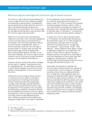 56 Legal minimum ages and the realization of adolescents’ rights
Intersection among minimum ages
Minimum age for marriage and minimum age of sexual consent
The minimum age of sexual consent defines the
minimum age at which one is deemed capable
of consenting to sexual activity. Consequently,
sexual activity with a child under that minimum
age is considered child sexual abuse and
constitutes a criminal offence. The minimum age
for marriage should therefore never be lower than
the minimum age of sexual consent.
While this is the case of the overwhelming
majority of countries in LAC, domestic legislations
in some countries feature inconsistencies in
this respect, which can have significant effects
on the protection of adolescents’ rights. In
Haiti for example, while the minimum age of
sexual consent is 16 years, girls and boys can
get married at age 15 and 18 respectively,
with consent of both parents. Similarly, in the
Dominican Republic, the minimum age of sexual
consent is set at 18 but girls can get married as
young as 15 with relevant authorizations.
A serious concern further arises when marriage
can be used to “legalize” sexual activity with
an underage person. This describes a situation
in which the law enables to waive the criminal
liability of the perpetrator if he or she marries
the victim.
In Brazil the minimum age of sexual consent
is 14 and the minimum age for marriage is
in principle set at 16 with parental consent.
The law used to provide that exceptionally
marriage under that age could be allowed in
order to avoid criminal sanctions (and in case
of pregnancy).93 This provision was concretely
dismantling the protection mechanism offered
by the establishment of both a minimum age for
marriage and a minimum age for sexual consent,
since they were mutually obliterating each
other. While the provision still formally exists,
subsequent legal reform has made it impossible
for the perpetrator to be forgiven by the victim
for crimes of sexual abuse committed on a
person under 18.94 Such a situation has however
recently emerged in Guyana, where in 2013, a
court authorized the marriage of a pregnant 15
year-old girl with a 38 year-old man facing charges
of statutory rape, on the basis of “humanitarian
grounds” and upon the girl’s parents’ request.95
In Cuba, the minimum age of sexual consent
is 16. However, the law provides that girls can
be authorized to marry at 14 under exceptional
circumstances. Although there is not clear
definition of concepts such as “exceptional
circumstances” “good causes” and/or “valid
reasons”, these exceptions often apply in cases
of adolescent pregnancy. As underlined in the
section on the minimum age for marriage, a
frequent practice is for parents to encourage or
force their daughters to marry when they start
engaging in sexual activity. In Belize, the
minimun age of sexual consent and the minimun
marriage with parental consent is 16.
Conversely, one question is whether the
minimum age of sexual consent can operate as
a substitute for a minimum age for marriage in
countries where there is no absolute bottom
limit. In Argentina, while legislation does not
recognize an absolute bottom age for marriage,
the minimum age of sexual consent is 13. This
may be understood as defining puberty and could
mean that a judge cannot authorize a union when
one of the intending spouses is under 13 years
old – still a very low age in light of international
standards requirements. Similarly in El Salvador,
there is no absolute minimum age for marriage –
only a reference to puberty and jointly having or
expecting a child.
93 	 Civil Code, art. 1.520
94 	 Law 11.106 (2005) and law 12.015 (2009)
95 	 Caribbean 360, Guyana riled by ruling allowing wedding of underage girl to accused rapist, 25 October 2013.
 