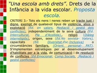 “Una escola amb drets”. Drets de la
Infància a la vida escolar. Proposta
escola.
CRITERI 3.- Tots els nens i nenes reben un tracte just i
digne, exempt de qualsevol tipus de violència, abús o
explotació (Ed. en valors, Mediació i gestió dels
conflictes), independentment de la seva cultura (Ed.
Intercultural, Pla d’Acollida)., religió (Diàleg
interreligiós), origen, sexe (Ed.No sexista- Valors),
capacitats (Ed. Diversitat-Esc.Inclusiva) o
circumstàncies familiars. (Orient. personal- PAT).
S’implementen estratègies per al desenvolupament
d’habilitats per a la vida, de comunicació i de resolució
de conflictes (Ed.Emocional, Comp.Socials, ,Mediació i
gestió conflictes)
 