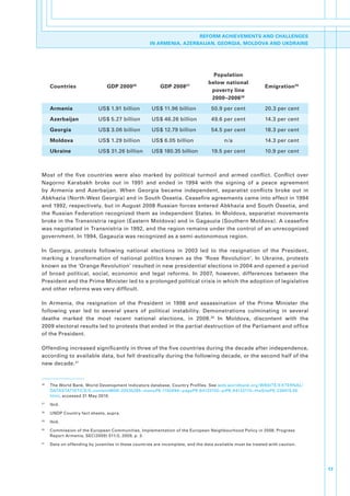 REFORM ACHIEVEMENTS AND CHALLENGES
                                                         IN ARMENIA, AZERBAIJAN, GEORGIA, MOLDOVA AND UKDRAINE




                                                                                       Population
                                                                                     below national
         Countries                  GDP 2000 26               GDP 2008 27                                       Emigration 29
                                                                                      poverty line
                                                                                      2000–2006 28

         Armenia                US$.1.91.billion          US$.11.96.billion           50.9.per.cent             20.3.per.cent

         Azerbaijan             US$.5.27.billion          US$.46.26.billion           49.6.per.cent             14.3.per.cent

         Georgia                US$.3.06.billion          US$.12.79.billion           54.5.per.cent             18.3.per.cent

         Moldova                US$.1.29.billion          US$.6.05.billion                  n/a                 14.3.per.cent

         Ukraine                US$.31.26.billion         US$.180.35.billion          19.5.per.cent             10.9.per.cent



Most. of. the. five. countries. were. also. marked. by. political. turmoil. and. armed. conflict.. Conflict. over.
Nagorno. Karabakh. broke. out. in. 1991. and. ended. in. 1994. with. the. signing. of. a. peace. agreement.
by. Armenia. and. Azerbaijan.. When. Georgia. became. independent,. separatist. conflicts. broke. out. in.
Abkhazia.(North-West.Georgia).and.in.South.Ossetia..Ceasefire.agreements.came.into.effect.in.1994.
and.1992,.respectively,.but.in.August.2008.Russian.forces.entered.Abkhazia.and.South.Ossetia,.and.
the.Russian.Federation.recognized.them.as.independent.States..In.Moldova,.separatist.movements.
broke.in.the.Transnistria.region.(Eastern.Moldova).and.in.Gagauzia.(Southern.Moldova)..A.ceasefire.
was.negotiated.in.Transnistria.in.1992,.and.the.region.remains.under.the.control.of.an.unrecognized.
government..In.1994,.Gagauzia.was.recognized.as.a.semi-autonomous.region..

In. Georgia,. protests. following. national. elections. in. 2003. led. to. the. resignation. of. the. President,.
marking. a. transformation. of. national. politics. known. as. the. ‘Rose. Revolution’.. In. Ukraine,. protests.
known.as.the.‘Orange.Revolution’.resulted.in.new.presidential.elections.in.2004.and.opened.a.period.
of. broad. political,. social,. economic. and. legal. reforms.. In. 2007,. however,. differences. between. the.
President.and.the.Prime.Minister.led.to.a.prolonged.political.crisis.in.which.the.adoption.of.legislative.
and.other.reforms.was.very.difficult..

In. Armenia,. the. resignation. of. the. President. in. 1998. and. assassination. of. the. Prime. Minister. the.
following. year. led. to. several. years. of. political. instability.. Demonstrations. culminating. in. several.
deaths. marked. the. most. recent. national. elections,. in. 2008. 30. In. Moldova,. discontent. with. the.
2009.electoral.results.led.to.protests.that.ended.in.the.partial.destruction.of.the.Parliament.and.office.
of.the.President..

Offending.increased.significantly.in.three.of.the.five.countries.during.the.decade.after.independence,.
according.to.available.data,.but.fell.drastically.during.the.following.decade,.or.the.second.half.of.the.
new.decade. 31


26
     .   The.World.Bank,.World.Development.Indicators.database,.Country.Profiles..See.web.worldbank.org/WBSITE/EXTERNAL/
         DATASTATISTICS/0,,contentMDK:20535285~menuPK:1192694~pagePK:64133150~piPK:64133175~theSitePK:239419,00.
         html,.accessed.31.May.2010.
27
     .   Ibid.
28
     .   UNDP.Country.fact.sheets,.supra.
29
     .   Ibid.
30
     .   Commission.of.the.European.Communities,.Implementation.of.the.European.Neighbourhood.Policy.in.2008,.Progress.
         Report.Armenia,.SEC(2009).511/2,.2009,.p..3.
31
     .   Data.on.offending.by.juveniles.in.these.countries.are.incomplete,.and.the.data.available.must.be.treated.with.caution..




                                                                                                                                   17
 