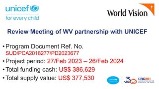 Review Meeting of WV partnership with UNICEF
•Program Document Ref. No.
SUD/PCA2018277/PD2023677
•Project period: 27/Feb 2023 – 26/Feb 2024
•Total funding cash: US$ 386,629
•Total supply value: US$ 377,530
 