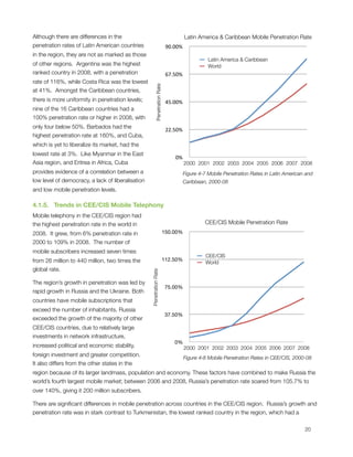 Although there are differences in the                                                  Latin America & Caribbean Mobile Penetration Rate
penetration rates of Latin American countries                                 90.00%
in the region, they are not as marked as those
                                                                                                  Latin America & Caribbean
of other regions.  Argentina was the highest                                                      World
ranked country in 2008, with a penetration                                    67.50%
rate of 116%, while Costa Rica was the lowest




                                                          Penetration Rate
at 41%.  Amongst the Caribbean countries,
there is more uniformity in penetration levels;                               45.00%
nine of the 16 Caribbean countries had a
100% penetration rate or higher in 2008, with
only four below 50%. Barbados had the
                                                                              22.50%
highest penetration rate at 160%, and Cuba,
which is yet to liberalize its market, had the
lowest rate at 3%.  Like Myanmar in the East
                                                                                 0%
Asia region, and Eritrea in Africa, Cuba                                               2000 2001 2002 2003 2004 2005 2006 2007 2008
provides evidence of a correlation between a                                           Figure ‎4‑7 Mobile Penetration Rates in Latin American and
low level of democracy, a lack of liberalisation                                       Caribbean, 2000-08
and low mobile penetration levels.

4.1.5.   Trends in CEE/CIS Mobile Telephony
Mobile telephony in the CEE/CIS region had
the highest penetration rate in the world in                                                    CEE/CIS Mobile Penetration Rate
2008.  It grew, from 6% penetration rate in                                  150.00%
2000 to 109% in 2008.  The number of
mobile subscribers increased seven times
                                                                                                 CEE/CIS
from 26 million to 440 million, two times the                                112.50%
                                                                                                 World
global rate.
                                                   Penetration Rate




The region’s growth in penetration was led by
                                                                             75.00%
rapid growth in Russia and the Ukraine. Both
countries have mobile subscriptions that
exceed the number of inhabitants. Russia
                                                                             37.50%
exceeded the growth of the majority of other
CEE/CIS countries, due to relatively large
investments in network infrastructure,
                                                                                 0%
increased political and economic stability,                                            2000 2001 2002 2003 2004 2005 2006 2007 2008
foreign investment and greater competition.                                            Figure ‎4‑8 Mobile Penetration Rates in CEE/CIS, 2000-08
It also differs from the other states in the
region because of its larger landmass, population and economy. These factors have combined to make Russia the
world’s fourth largest mobile market; between 2006 and 2008, Russia’s penetration rate soared from 105.7% to
over 140%, giving it 200 million subscribers. 

There are signiﬁcant differences in mobile penetration across countries in the CEE/CIS region.  Russia’s growth and
penetration rate was in stark contrast to Turkmenistan, the lowest ranked country in the region, which had a


                                                                                                                                            20
 