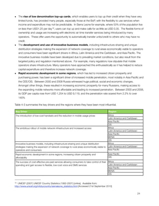 • The rise of low denomination top-up cards, which enables users to top up their credit when they have very
  limited funds, has provided many people, especially those at the BoP, with the ﬂexibility to use services when
  income and expenditure may not be predictable.  In Sierra Leone for example, where 53% of the population live
      on less than USD1.25 per day 16, users can top up and make calls for as little as USD 0.35.  The ﬂexible forms of
      ownership and usage are increasing with electronic air time transfer services being introduced by many
      operators.  These offer users the opportunity to automatically transfer units/credit to others who may have no
  credit.
• The development and use of innovative business models, including infrastructure-sharing and unique
  distribution strategies making the expansion of network coverage to rural areas economically viable to operators
  and consumers have been signiﬁcant drivers in Africa, Latin America and the Caribbean, and Asia Paciﬁc. The
      innovative business models have been developed due to prevailing market conditions, but also result from the
      targeted policy and regulation mentioned above.  For example, many regulators now stipulate that mobile
      operators share infrastructure. Many operators have approached this enthusiastically as it has helped to reduce
  capital expenditure and therefore increase network coverage.
• Rapid economic development in some regions, which has led to increased citizen prosperity and
  purchasing power, has been a signiﬁcant driver of increased mobile penetration, most notably in Asia Paciﬁc and
      the CEE/CIS.  Between 2000 and 2008 Russia witnessed huge political, social and economic changes. 
      Amongst other things, these resulted in increasing economic prosperity for many Russians, making access to
      the expanding mobile networks more affordable and leading to increased penetration.  Between 2000 and 2008,
      its GDP per capita rose from USD 1,254 to USD 9,119, and the penetration rate soared from 2.2% to over
      140%

Table 4-3 summaries the key drivers and the regions where they have been most inﬂuential.

    Key Driver                                                                                Region
    The introduction of low-cost handsets and the reduction in mobile usage prices            Africa
                                                                                              Latin America and Caribbean
                                                                                              Asia Paciﬁc
                                                                                              CIS
    The ambitious rollout of mobile network infrastructure and increased access               Africa
                                                                                              Latin America and Caribbean
                                                                                              Asia Paciﬁc
                                                                                              MENA
                                                                                              CIS
    Innovative business models, including infrastructure-sharing and unique distribution      Africa
    strategies making the expansion of network coverage to rural areas economically viable to Latin America and Caribbean
    operators and consumers                                                                   Asia Paciﬁc

    Rapid economic development in some regions, increasing citizen prosperity and             Asia Paciﬁc
    affordability                                                                             CIS

    The success of cost-effective pre-paid services allowing consumers to take control of their Africa
    spending and gain access to ﬂexible, low-cost voice and SMS services                        Latin America and Caribbean
                                                                                                Asia Paciﬁc
                                                                                                MENA
                                                                                                CIS


16 UNICEF (2007) UNICEF Country Statistics (1992-2007) [online]. Available from:
http://www.unicef.org/infobycountry/sierraleone_statistics.html [Accessed 21st September 2010]



                                                                                                                             24
 