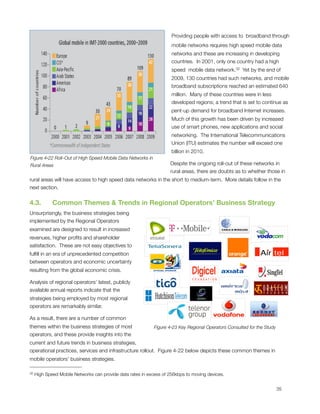 Providing people with access to  broadband through
                                                                       mobile networks requires high speed mobile data 
                                                                       networks and these are increasing in developing
                                                                       countries.  In 2001, only one country had a high
                                                                       speed  mobile data network.32  Yet by the end of
                                                                       2009, 130 countries had such networks, and mobile
                                                                       broadband subscriptions reached an estimated 640
                                                                       million.  Many of these countries were in less
                                                                       developed regions; a trend that is set to continue as
                                                                       pent-up demand for broadband Internet increases. 
                                                                       Much of this growth has been driven by increased
                                                                       use of smart phones, new applications and social
                                                                       networking.  The International Telecommunications
                                                                       Union (ITU) estimates the number will exceed one
                                                                       billion in 2010.
Figure ‎4‑22 Roll–Out of High Speed Mobile Data Networks in
Rural Areas                                                           Despite the ongoing roll-out of these networks in
                                                                      rural areas, there are doubts as to whether those in
rural areas will have access to high speed data networks in the short to medium-term.  More details follow in the
next section.


4.3.      Common Themes & Trends in Regional Operators’ Business Strategy
Unsurprisingly, the business strategies being
implemented by the Regional Operators
examined are designed to result in increased
revenues, higher proﬁts and shareholder
satisfaction.  These are not easy objectives to
fulﬁll in an era of unprecedented competition
between operators and economic uncertainty
resulting from the global economic crisis.

Analysis of regional operators’ latest, publicly
available annual reports indicate that the
strategies being employed by most regional
operators are remarkably similar.

As a result, there are a number of common
themes within the business strategies of most                 Figure Error! No text of specified style in document.-0 Key Regional
                                                              Figure ‎4‑23 Key Regional Operators Consulted for the Study
                                                                          Operators Consulted During the Project
operators, and these provide insights into the
current and future trends in business strategies,
operational practices, services and infrastructure rollout.  Figure 4-22 below depicts these common themes in
mobile operators’ business strategies.

32   High Speed Mobile Networks can provide data rates in excess of 256kbps to moving devices.



                                                                                                                               35
 