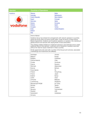 Operator   Countries of Operations
    Vodafone   Albania                                  Malta
               Australia                                Netherlands
               Czech Republic                           New Zealand
               Egypt                                    Portugal
               Germany                                  Qatar
               Ghana                                    Romania
               Greece                                   Spain
               Hungary                                  Turkey
               India                                    United Kingdom
               Ireland
               Italy

               Partner Market:
               Vodafone Group has entered into arrangements with network operators in countries
               where the Group does not hold an equity stake. Under the terms of these Partner
               Market Agreements, Vodafone and its partner operators co-operate in the marketing of
               global products and services with varying levels of brand association.
               This strategy enables Vodafone to implement services in new territories and to create
               additional value to their partners' customers and to Vodafone's traveling customers
               without the need for equity investment in these countries.
               Similar agreements also exist with a number of the Group’s joint ventures, associated
               undertakings and investments (the afﬁliates)

               Azerbaijan                               Ukraine
               Belgium                                  Russia
               Bulgaria                                 Caribbean
               Channel Islands                          Chile
               Croatia                                  Honduras
               Cyprus                                   Panama
               Denmark                                  Afghanistan
               Estonia                                  Bahrain
               Faroe Islands                            Fiji
               Finland                                  Hong Kong
               France                                   Japan
               Iceland                                  Kenya
               Latvia                                   Libya
               Lithuania                                Malaysia
               Luxembourg                               Singapore
               Macedonia/FYROM                          Sri Lanka
               Norway                                   Taiwan
               Serbia                                   Thailand
               Slovenia                                 Turkmenistan
               Sweden                                   UAE
               Switzerland                              Uzbekistan
               Armenia





                                                                                                  83
 
