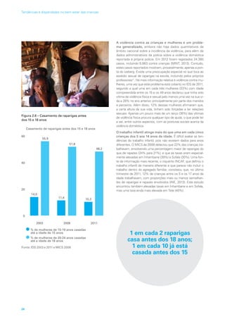 Figura 2.6 – Casamento de raparigas antes
dos 15 e 18 anos
2003 2008 2011
14,0
55,9
11,4
51,8
10,3
48,2
0
20
40
60
% de mulheres de 15-19 anos casadas
até a idade de 15 anos
Casamento de raparigas antes dos 15 e 18 anos
% de mulheres de 20-24 anos casadas
até a idade de 18 anos
Fonte: IDS 2003 e 2011 e MICS 2008
A violência contra as crianças e mulheres é um proble-
ma generalizado, embora não haja dados quantitativos de
âmbito nacional sobre a incidência da violência, para além de
dados administrativos da polícia sobre a violência doméstica
reportada à própria polícia. Em 2012 foram registados 24.380
casos, incluindo 6.863 contra crianças (MINT, 2013). Contudo,
estes casos reportados mostram, provavelmente, apenas a pon-
ta do iceberg. Existe uma preocupação especial no que toca ao
assédio sexual de raparigas na escola, incluindo pelos próprios
professores11
. Há mais informação relativa à violência contra mu-
lheres, uma vez que este problema está coberto no IDS de 2011,
segundo a qual uma em cada três mulheres (33%) com idade
compreendida entre os 15 e os 49 anos declarou que tinha sido
vítima de violência física e sexual pelo menos uma vez na sua vi-
da e 28% no ano anterior, principalmente por parte dos maridos
e parceiros. Além disso, 12% dessas mulheres afirmaram que,
a certa altura da sua vida, tinham sido forçadas a ter relações
sexuais. Apenas um pouco mais de um terço (36%) das vítimas
de violência física procura qualquer tipo de ajuda, o que pode ter
a ver, entre outros aspectos, com as posturas sociais acerca da
violência doméstica.
O trabalho infantil atinge mais do que uma em cada cinco
crianças dos 5 aos 14 anos de idade. É difícil avaliar as ten-
dências do trabalho infantil, pois não existem dados para anos
diferentes. O MICS de 2008 detectou que 22% das crianças tra-
balhavam, envolvendo uma percentagem maior de raparigas do
que de rapazes (24% para 21%), e que as taxas eram especial-
mente elevadas em Inhambane (39%) e Sofala (30%). Uma fon-
te de informação mais recente, o inquérito INCAF, que definiu o
trabalho infantil de maneira diferente e que parece não incluir o
trabalho dentro do agregado familiar, constatou que, no último
trimestre de 2011, 12% de crianças entre os 5 e os 17 anos de
idade trabalhavam, com proporções mais ou menos semelhan-
tes de raparigas e rapazes envolvidos (INE, 2013). Este estudo
encontrou também elevadas taxas em Inhambane e em Sofala,
mas uma taxa ainda mais elevada em Tete (40%).
1 em cada 2 raparigas
casa antes dos 18 anos;
1 em cada 10 já está
casada antes dos 15
26
Tendências e disparidades no bem-estar das crianças
 