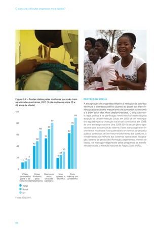 Figura 3.4 – Razões dadas pelas mulheres para não irem
às unidades sanitárias, 2011 (% de mulheres entre 15 e
49 anos de idade)
Obter
permissão
para ir ao
tratamento
Obter
dinheiro
para
tratamento
Distância
até a
unidade
sanitária
Não
querer ir
sozinha
Pelo
menos um
problema
0
20
40
60
80
100
Total
Rural
Q1
11
13
17
40
48
66
69
80
19
24
30
62
76
89
53
Fonte: IDS 2011.
PROTECÇÃO SOCIAL
A estagnação do progresso relativo à redução da pobreza
estimula o interesse político quanto ao papel das transfe-
rências sociais como mecanismo de aumentar o consumo
e o bem-estar dos mais desfavorecidos. O enquadramen-
to legal, político e de planificação nesta área foi fortalecido pela
adopção da Lei de Protecção Social, em 2007, de um novo qua-
dro regulador para a protecção social não contributiva, em 2009,
de uma estratégia nacional para 2009-2014 e de um plano ope-
racional para a expansão do sistema. Estes avanços geraram in-
crementos modestos mas sustentáveis em termos de despesa
pública, acrescidos de um maior envolvimento dos doadores, e
investimentos na melhoria dos sistemas operacionais (focaliza-
ção, sistema de gestão de informação, pagamentos, manejo de
casos), na instituição responsável pelos programas de transfe-
rências sociais, o Instituto Nacional de Acção Social (INAS).
46
O que está a dificultar progressos mais rápidos?
 