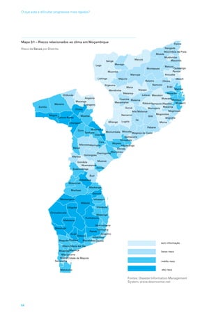 sem informação
baixo risco
médio risco
alto risco
Lago
Mecula
Ile
Gilé
Mabote
Maravia
Marrupa
Chigubo
Sanga
Zumbu
Buzi
Mueda
Montepuez
Majune
Machaze
Maúa
Guro
Chicualacuala
Eráti
Pebane
Funhalouro
Magoe
Milange
Moatize
Mavago
Mocuba
Panda
Morrumbala
Macossa
Chifunde
Mopeia
Chiúta
Mabalane
Muanza
MomaLugela
Magude
Gurué
Ribáuè
Lichinga
Macanga
Meluco
Malema
Nipepe
Lalaua
Massangena
Báruè
Changara
Guijá
Massinga
Mecubúri
Chibuto
Caia
Mutarara
Gondola
Balama Chiúre
Ancuabe
Namuno
Maringue
Vilankulo
Muembe
Chibabava
Cahora-Bassa
Cuamba
Massingir
Gorongosa
Manica
Cheringoma
Marromeu
Chinde
Matutuíne
Metarica
Machanga
Govuro
Mecanhelas
Moamba
Sussundenga
Palma
Mossurize
Macomia
Tambara
Alto Molocue
Inhassoro
Memba
Chemba
Muecate
Dondo
Mogovolas
Maganja da Costa
Monapo
Mogincual
Meconta
Mossuril
Angónia
Tsangano
Nicoadala
Mandlakazi
N'gauma
Namarroi
Nhamatanda
Angoche
Chókwè
Nacarôa
Zavala
Nangade
Inharrime
Murrupula
Mandimba
Manhiça
Xai-Xai
Homoine
Pemba
Nampula (Rapale)
Morrumbene
Namaacha
Muidumbe
Namacurra
Mocimboa da Praia
Bilene Macia
Jangamo
Boane
Quissango
Mecúfi
Marracuene
Inhassunge
Cidade de Maputo
Mapa 3.1 – Riscos relacionados ao clima em Moçambique
Risco de Secas por Distrito
Fontes: Disaster Information Management
System, www.desinventar.net
52
O que está a dificultar progressos mais rápidos?
 