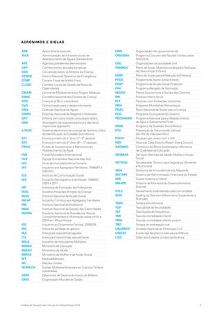 Análise da Situação das Crianças em Moçambique 2014 7
ADE Apoio directo à escola
AIAS Administração de Infra-estruturas de
Abastecimento de Água e Saneamento
APE Agentes polivalentes elementares
CAP Conhecimento, atitudes e práticas
CDC Convenção sobre os Direitos da Criança
CENOE Centro Nacional Operativo de Emergência
CFMP Cenário Fiscal de Médio Prazo
CLGRC Comités Locais de Gestão de Risco de
Calamidades
CMAM Central de Medicamentos e Artigos Médicos
CNAC Conselho Nacional dos Direitos da Criança
COV Crianças órfãs e vulneráveis
CpD Comunicação para o desenvolvimento
DNA Direcção Nacional de Águas
DNRN Direcção Nacional de Registos e Notariado
DPT Difteria, pertussis (tosse convulsa) e tétano
DRA Abordagem de resposta à procura (demand-
responsive approach)
e-NUIC Sistema electrónico de outorga de Número Único
de Identificação do Cidadão (biométrico)
EP1 Ensino primário do 1º Grau (1ª- 5ª classes)
EP2 Ensino primário do 2º Grau (6ª – 7ª classes)
FIPAG Fundo de Investimento e Património do
Abastecimento de Água
FMI Fundo Monetário Internacional
HCT Equipa Humanitária Nacional (das NU)
HIV Vírus da imunodeficiência humana
IAF Inquérito aos Agregados Familiares, 1996/97 e
2002/03
ICS Instituto de Comunicação Social
IDS Inquérito Demográfico e de Saúde, 1996/97,
2003 e 2011
IFP Institutos de Formação de Professores
IHAC Iniciativa Hospitais Amigos da Criança
INAS Instituto Nacional de Acção Social
INCAF Inquérito Contínuo aos Agregados Familiares
INE Instituto Nacional de Estatística
INGC Instituto Nacional de Gestão das Calamidades
INSIDA Inquérito Nacional de Prevalência, Riscos
Comportamentais e Informação sobre o HIV e
SIDA em Moçambique
IOF Inquérito ao Orçamento Familiar, 2008/09
IPG Índice de paridade de género
IRA Infecções respiratórias agudas
ITS Infecções transmitidas sexualmente
MICS Inquérito de Indicadores Múltiplos
MINED Ministério da Educação
MISAU Ministério da Saúde
MMAS Ministério da Mulher e da Acção Social
MT Metical/Meticais
NU Nações Unidas
NUMCOV Núcleo Multissectorial para as Crianças Órfãs e
Vulneráveis
ODM Objectivos de Desenvolvimento do Milénio
OMS Organização Mundial de Saúde
ONG Organização não-governamental
ONUSIDA Programa Conjunto das Nações Unidas sobre
HIV/SIDA
OSC Organizações da sociedade civil
PAMRDC Plano de Acção Multissectorial para a Redução
da Desnutrição Crónica
PARP Plano de Acção para a Redução da Pobreza
PASD Programa de Apoio Social Directo
PASP Programa de Acção Social Produtiva
PAV Programa Alargado de Vacinação
PESOD Planos Económicos e Sociais dos Distritos
PIB Produto interno bruto
PLF Pessoas com limitações funcionais
PMA Programa Mundial de Alimentação
PNAC Plano Nacional de Acção para a Criança
PQG Programa Quinquenal do Governo
PRONASAR Programa Nacional para o Abastecimento
de Água e Saneamento Rural
PSSB Programa de Subsídio Social Básico
PTV Prevenção da Transmissão Vertical
(do HIV de mãe para filho)
PVHIV Pessoas que vivem com o HIV
RED Alcançar Cada Distrito (Reach Every District)
SACMEQ Consórcio da África Austral para a Monitoria
da Qualidade da Educação
SDSMAS Serviços Distritais de Saúde, Mulher e Acção
Social
SETSAN Secretariado Técnico para Segurança Alimentar
e Nutricional
SIDA Síndroma de Imunodeficiência Adquirida
SISTAFE Sistema de Administração Financeira do Estado
SMI Saúde materna e infantil
SMoDD Sistema de Monitoria do Desenvolvimento
Distrital
STLC Saneamento total liderado pela comunidade
SUN Scaling Up Nutrition (Movimento Expandindo a
Nutrição)
TARV Terapia anti-retroviral
TGF Taxa global de fecundidade
TLF Taxa líquida de frequência
TMI Taxa de mortalidade infantil
TMIJ Taxa de mortalidade infanto-juvenil
TRO Terapia de reidratação oral
UNAPROC Unidade Nacional de Protecção Civil
UNICEF Fundo das Nações Unidas para a Infância
USD Dólar dos Estados Unidos da América
ACRÓNIMOS E SIGLAS
 