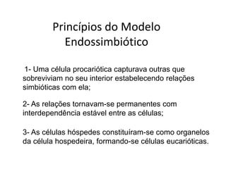 Princípios do Modelo
          Endossimbiótico

1- Uma célula procariótica capturava outras que
sobreviviam no seu interior estabelecendo relações
simbióticas com ela;

2- As relações tornavam-se permanentes com
interdependência estável entre as células;

3- As células hóspedes constituíram-se como organelos
da célula hospedeira, formando-se células eucarióticas.
 