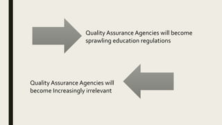 Quality Assurance Agencies will become
sprawling education regulations
Quality Assurance Agencies will
become Increasingly irrelevant
 
