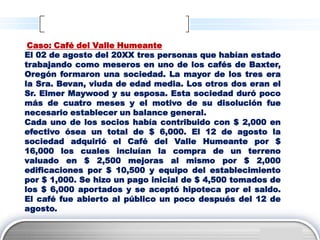 Caso: Café del Valle Humeante
El 02 de agosto del 20XX tres personas que habían estado
trabajando como meseros en uno de los cafés de Baxter,
Oregón formaron una sociedad. La mayor de los tres era
la Sra. Bevan, viuda de edad media. Los otros dos eran el
Sr. Elmer Maywood y su esposa. Esta sociedad duró poco
más de cuatro meses y el motivo de su disolución fue
necesario establecer un balance general.
Cada uno de los socios había contribuido con $ 2,000 en
efectivo ósea un total de $ 6,000. El 12 de agosto la
sociedad adquirió el Café del Valle Humeante por $
16,000 los cuales incluían la compra de un terreno
valuado en $ 2,500 mejoras al mismo por $ 2,000
edificaciones por $ 10,500 y equipo del establecimiento
por $ 1,000. Se hizo un pago inicial de $ 4,500 tomados de
los $ 6,000 aportados y se aceptó hipoteca por el saldo.
El café fue abierto al público un poco después del 12 de
agosto.

                                                       LOGO
 