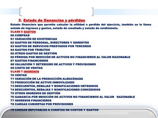 2. Estado de Ganancias y pérdidas
Estado financiero que permite calcular la utilidad o perdida del ejercicio, también se le llama
estado de ingresos y gastos, estado de resultado y estado de rendimiento.
CLASE 6 GASTOS
60 COMPRAS
61 VARIACIÓN DE EXISTENCIAS
62 GASTOS DE PERSONAL, DIRECTORES Y GERENTES
63 GASTOS DE SERVICIOS PRESTADOS POR TERCEROS
64 GASTOS POR TRIBUTOS
65 OTROS GASTOS DE GESTIÓN
66 PÉRDIDA POR MEDICIÓN DE ACTIVOS NO FINANCIEROS AL VALOR RAZONABLE
67 GASTOS FINANCIEROS
68 VALUACIÓN Y DETERIORO DE ACTIVOS Y PROVISIONES
69 COSTO DE VENTAS
CLASE 7 INGRESOS
70 VENTAS
71 VARIACIÓN DE LA PRODUCCIÓN ALMACENADA
72 PRODUCCIÓN DE ACTIVO INMOVILIZADO
73 DESCUENTOS, REBAJAS Y BONIFICACIONES OBTENIDOS
74 DESCUENTOS, REBAJAS Y BONIFICACIONES CONCEDIDOS
75 OTROS INGRESOS DE GESTIÓN
76 GANANCIA POR MEDICIÓN DE ACTIVOS NO FINANCIEROS AL VALOR RAZONABLE
77 INGRESOS FINANCIEROS
78 CARGAS CUBIERTAS POR PROVISIONES

79 CARGAS IMPUTABLES A CUENTAS DE COSTOS Y GASTOS
                                                                                  LOGO
 