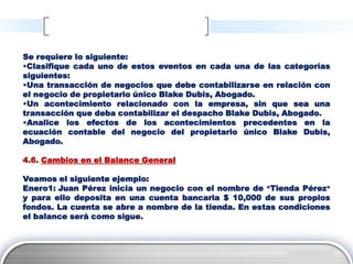 Se requiere lo siguiente:
•Clasifique cada uno de estos eventos en cada una de las categorías
siguientes:
•Una transacción de negocios que debe contabilizarse en relación con
el negocio de propietario único Blake Dubis, Abogado.
•Un acontecimiento relacionado con la empresa, sin que sea una
transacción que deba contabilizar el despacho Blake Dubis, Abogado.
•Analice los efectos de los acontecimientos precedentes en la
ecuación contable del negocio del propietario único Blake Dubis,
Abogado.

4.6. Cambios en el Balance General

Veamos el siguiente ejemplo:
Enero1: Juan Pérez inicia un negocio con el nombre de «Tienda Pérez»
y para ello deposita en una cuenta bancaria $ 10,000 de sus propios
fondos. La cuenta se abre a nombre de la tienda. En estas condiciones
el balance será como sigue.



                                                             LOGO
 