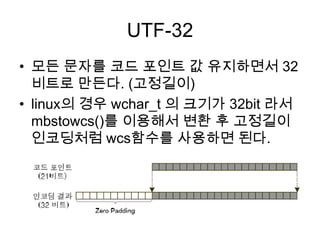 UTF-16BMP 영역 안(U+0000-U+FFFF)의 문자는 그대로 표현, 밖의 문자는 변환 필요 (가변길이)Windows2000 과 그 이후 버전은 UTF-16 기반. 이전 NT 커널은UCS-2 기반.Java 2/Java 5는 UCS2/UTF-16에 의존.