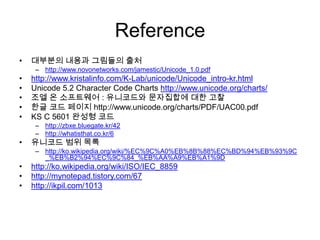 ReferenceUnicode - (1) 개념http://dodoubt.tistory.com/29Standard output으로 unicode문자를 출력하기 (Win32 console application)http://dodoubt.tistory.com/35Unicode - (2) UTF-16(wide character) in Windowshttp://dodoubt.tistory.com/36Unicode - (3) UTF-8 in Windowshttp://dodoubt.tistory.com/38Unicode - (4) 문자 개수 구하기, 변환(convert) code snippethttp://dodoubt.tistory.com/40