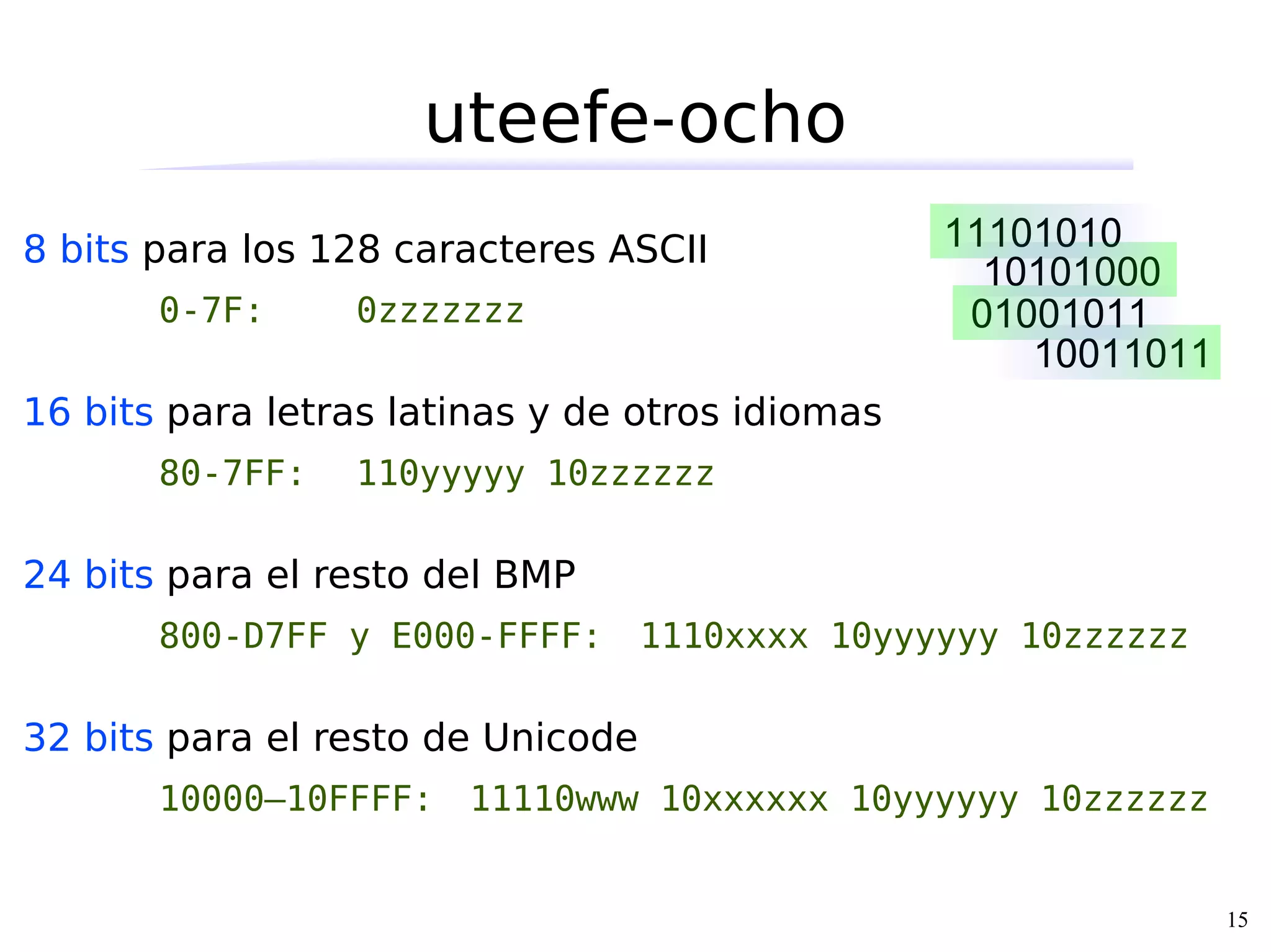 uteefe-ocho
8 bits para los 128 caracteres ASCII
       0-7F:     0zzzzzzz

16 bits para letras latinas y de otros idiomas
       80-7FF:   110yyyyy 10zzzzzz

24 bits para el resto del BMP
       800-D7FF y E000-FFFF:       1110xxxx 10yyyyyy 10zzzzzz

32 bits para el resto de Unicode
       10000–10FFFF:   11110www 10xxxxxx 10yyyyyy 10zzzzzz


                                                                15
 