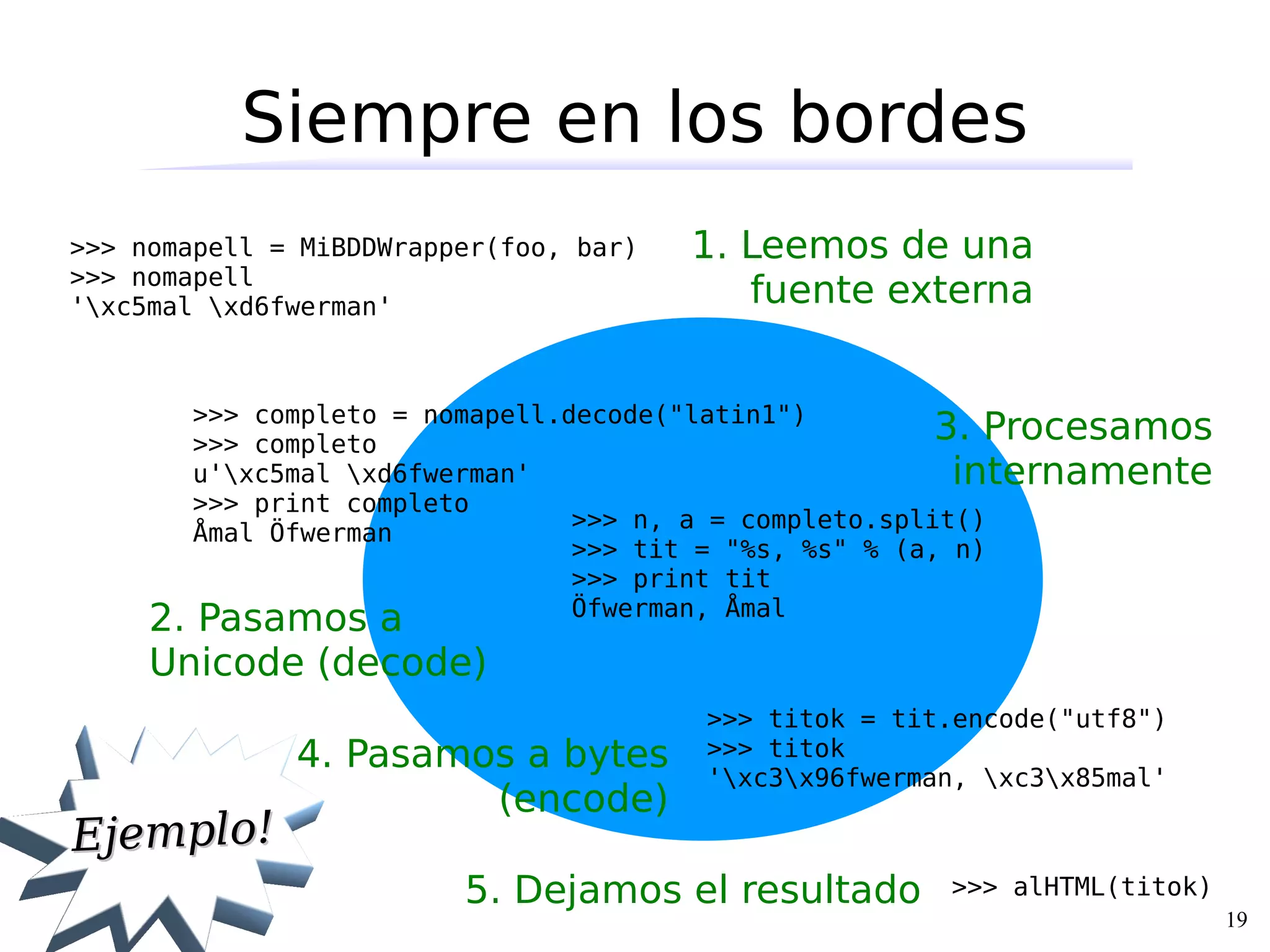 Siempre en los bordes
>>> nomapell = MiBDDWrapper(foo, bar)   1. Leemos de una
>>> nomapell
'xc5mal xd6fwerman'                      fuente externa


       >>> completo = nomapell.decode("latin1")
       >>> completo
                                                        3. Procesamos
       u'xc5mal xd6fwerman'                            internamente
       >>> print completo
                                >>> n, a = completo.split()
       Åmal Öfwerman
                                >>> tit = "%s, %s" % (a, n)
                                >>> print tit
                                Öfwerman, Åmal
     2. Pasamos a
     Unicode (decode)
                                        >>> titok = tit.encode("utf8")
              4. Pasamos a bytes        >>> titok
                                        'xc3x96fwerman, xc3x85mal'
                       (encode)
Ejemplo!
                         5. Dejamos el resultado       >>> alHTML(titok)
                                                                           19
 