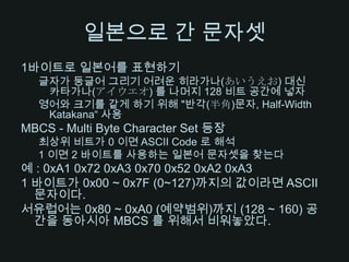 일본으로 간 문자셋1바이트로 일본어를 표현하기글자가 둥글어 그리기 어려운 히라가나(あいうえお) 대신 카타가나(アイウエオ) 를 나머지 128 비트 공간에 넣자영어와 크기를 같게 하기 위해 "반각(半角)문자, Half-Width Katakana“ 사용MBCS - Multi Byte Character Set 등장최상위 비트가 0 이면 ASCII Code 로 해석1 이면 2 바이트를 사용하는 일본어 문자셋을 찾는다예 : 0xA1 0x72 0xA3 0x70 0x52 0xA2 0xA31 바이트가 0x00 ~ 0x7F (0~127)까지의 값이라면 ASCII 문자이다.서유럽어는0x80 ~ 0xA0 (예약범위)까지 (128 ~ 160) 공간을 동아시아 MBCS 를 위해서 비워놓았다.