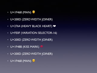 • U+1F468 (MAN) 👨
• U+200D (ZERO WIDTH JOINER)
• U+2764 (HEAVY BLACK HEART) ❤
• U+FE0F (VARIATION SELECTOR-16)
• U+200D (ZERO WIDTH JOINER)
• U+1F48B (KISS MARK) 💋
• U+200D (ZERO WIDTH JOINER)
• U+1F468 (MAN) 👨
 