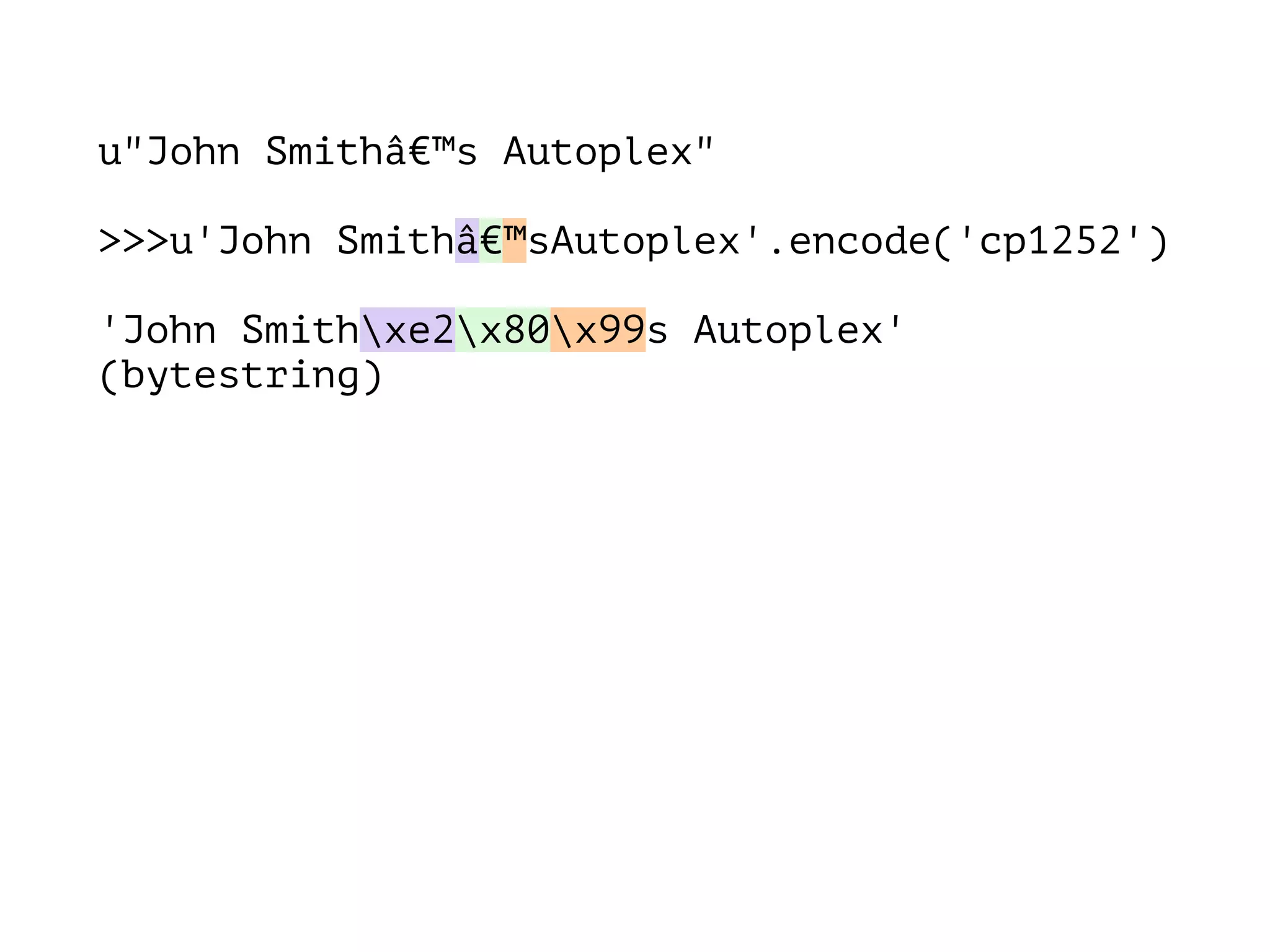 u"John Smithâ€™s Autoplex"
!
>>>u'John Smithâ€™sAutoplex'.encode('cp1252')
!
'John Smithxe2x80x99s Autoplex'
(bytestring)
 