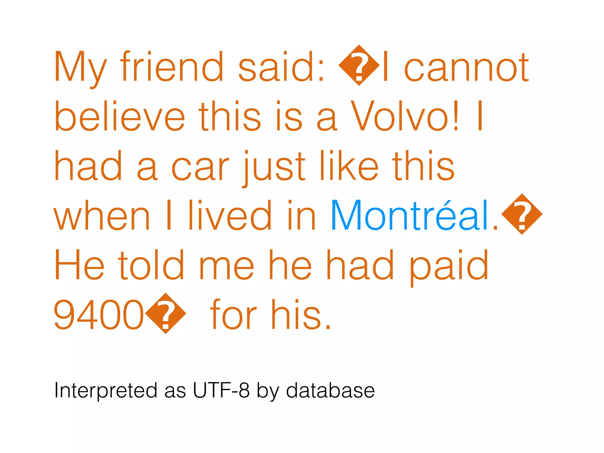My friend said: �I cannot
believe this is a Volvo! I
had a car just like this
when I lived in Montréal.�
He told me he had paid
9400� for his.
Interpreted as UTF-8 by database
 