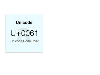 !
Unicode
a
!
U+0061 -> 01100001
Unicode Code Point Binary Encoding
 