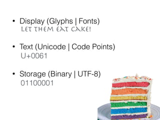• Display (Glyphs | Fonts)
Let them eat cake!

!
• Text (Unicode | Code Points)
U+0061
!
• Storage (Binary | UTF-8)
01100001
 
