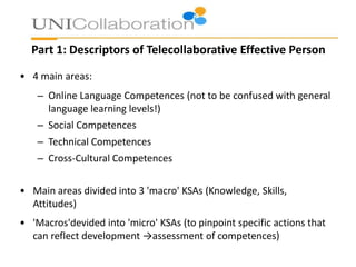 Part 1: Descriptors of Telecollaborative Effective Person
• 4 main areas:
– Online Language Competences (not to be confused with general
language learning levels!)
– Social Competences
– Technical Competences
– Cross-Cultural Competences
• Main areas divided into 3 'macro' KSAs (Knowledge, Skills,
Attitudes)
• 'Macros'devided into 'micro' KSAs (to pinpoint specific actions that
can reflect development →assessment of competences)
 