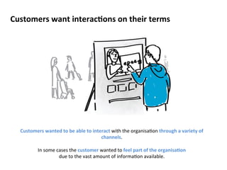 Customers 
want 
interacCons 
on 
their 
terms 
Customers 
wanted 
to 
be 
able 
to 
interact 
with 
the 
organisa?on 
through 
a 
variety 
of 
channels. 
In 
some 
cases 
the 
customer 
wanted 
to 
feel 
part 
of 
the 
organisaCon 
due 
to 
the 
vast 
amount 
of 
informa?on 
available. 
 