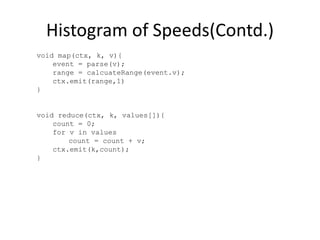 Histogram of Speeds(Contd.)
void map(ctx, k, v){
event = parse(v);
range = calcuateRange(event.v);
ctx.emit(range,1)
}
void reduce(ctx, k, values[]){
count = 0;
for v in values
count = count + v;
ctx.emit(k,count);
}
 