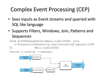 Complex Event Processing (CEP)
• Sees inputs as Event streams and queried with
SQL like language
• Supports Filters, Windows, Join, Patterns and
Sequences
from p=PINChangeEvents#win.time(3600) join
t=TransactionEvents[p.custid=custid][amount>1000
0] #win.time(3600)
return t.custid, t.amount;
 